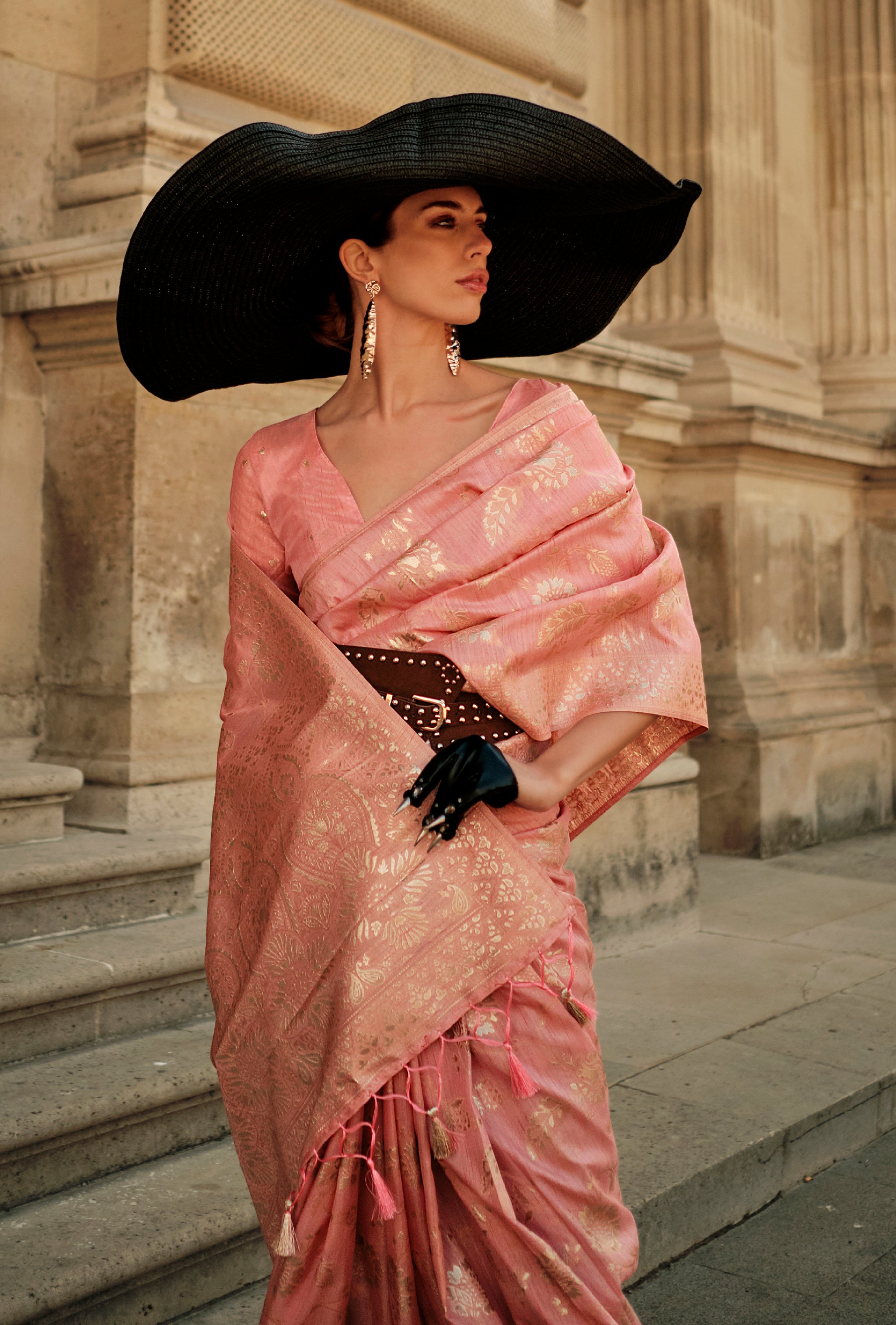 Coral Gota Zari Weaving Silk Saree With Woven Work