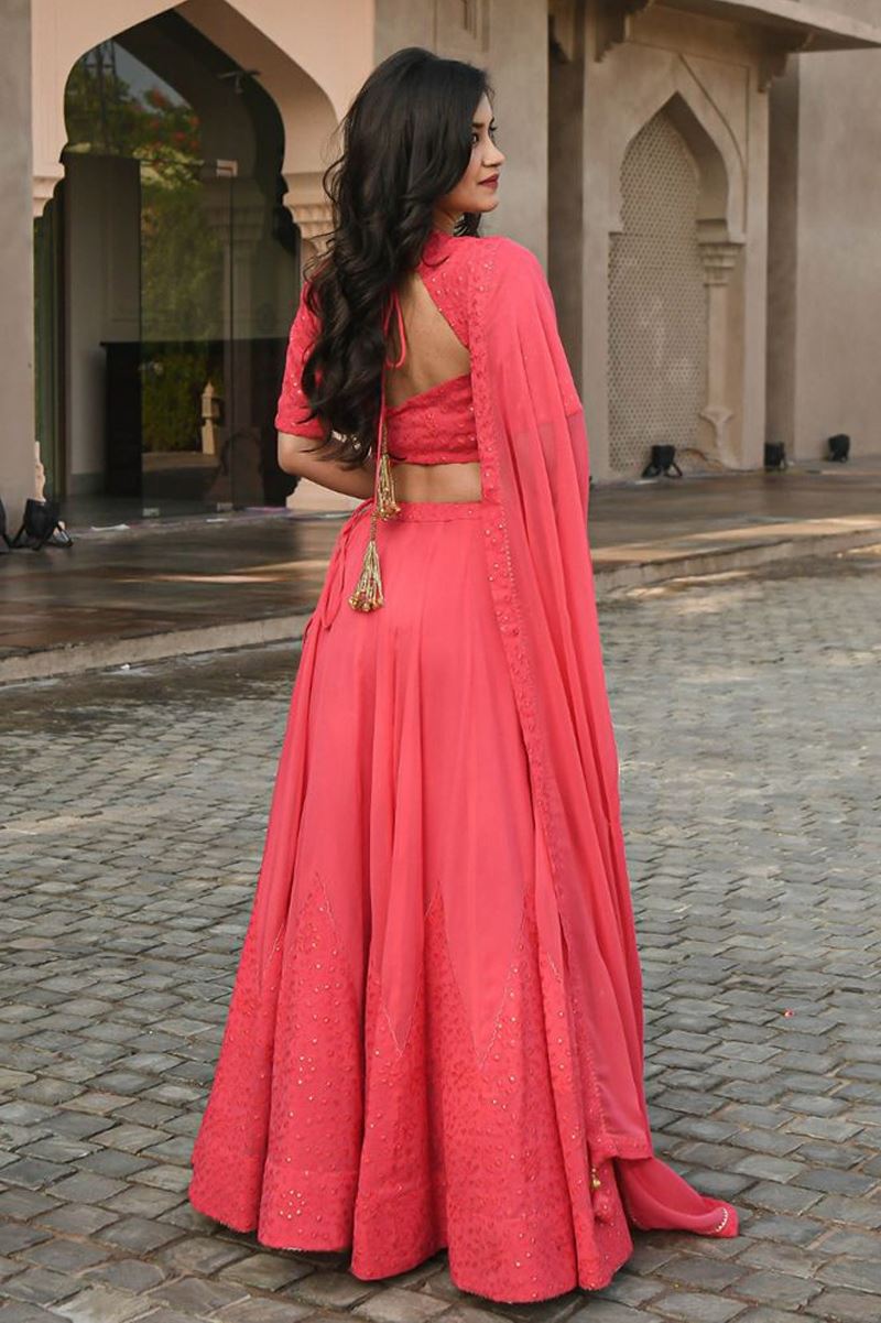 Coral Lehenga Choli With Embroidery Work