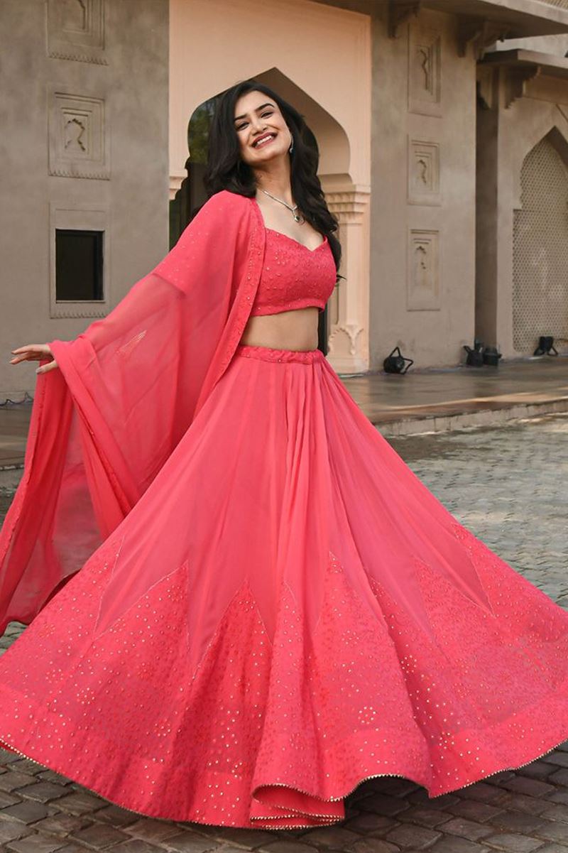 Coral Lehenga Choli With Embroidery Work
