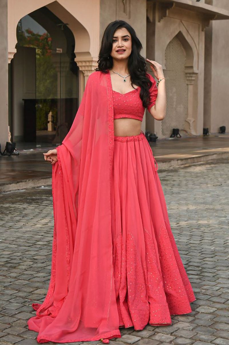Coral Lehenga Choli With Embroidery Work