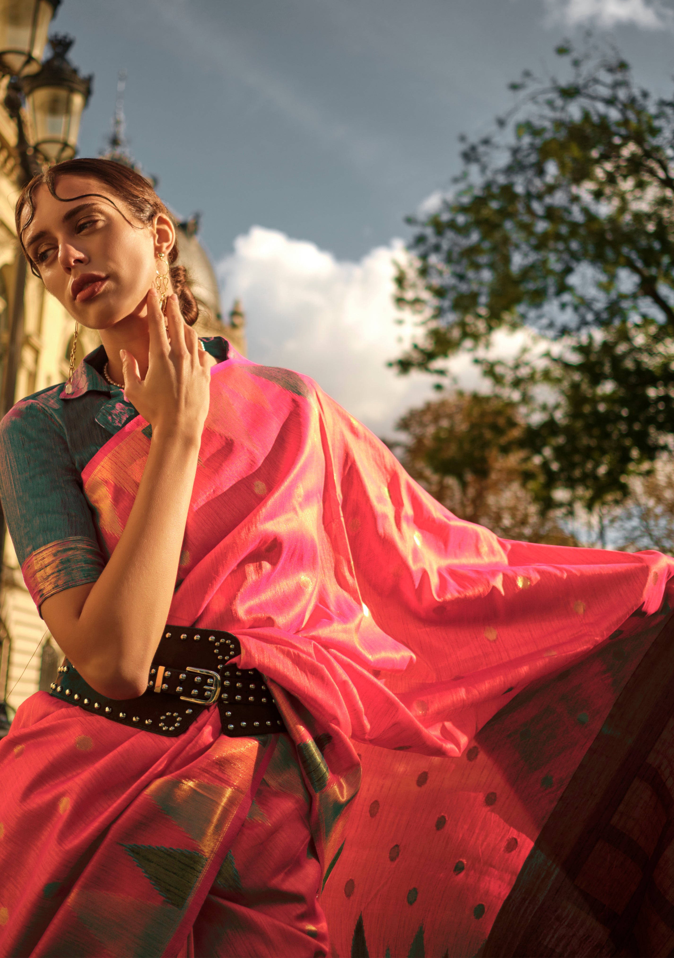 Coral Red Silk Saree With Jacquard Woven