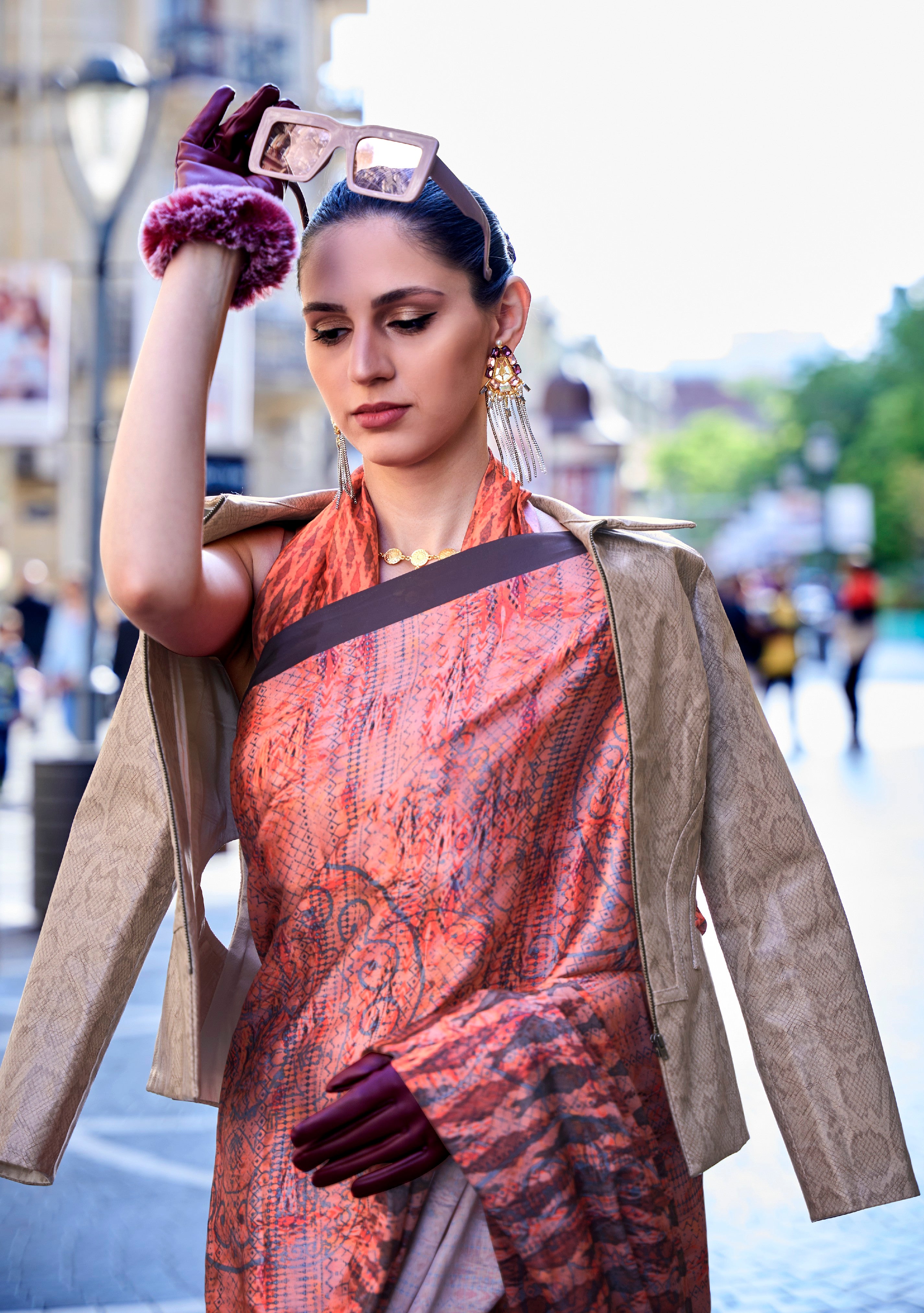 Coral Satin Crape Saree With Digital Print