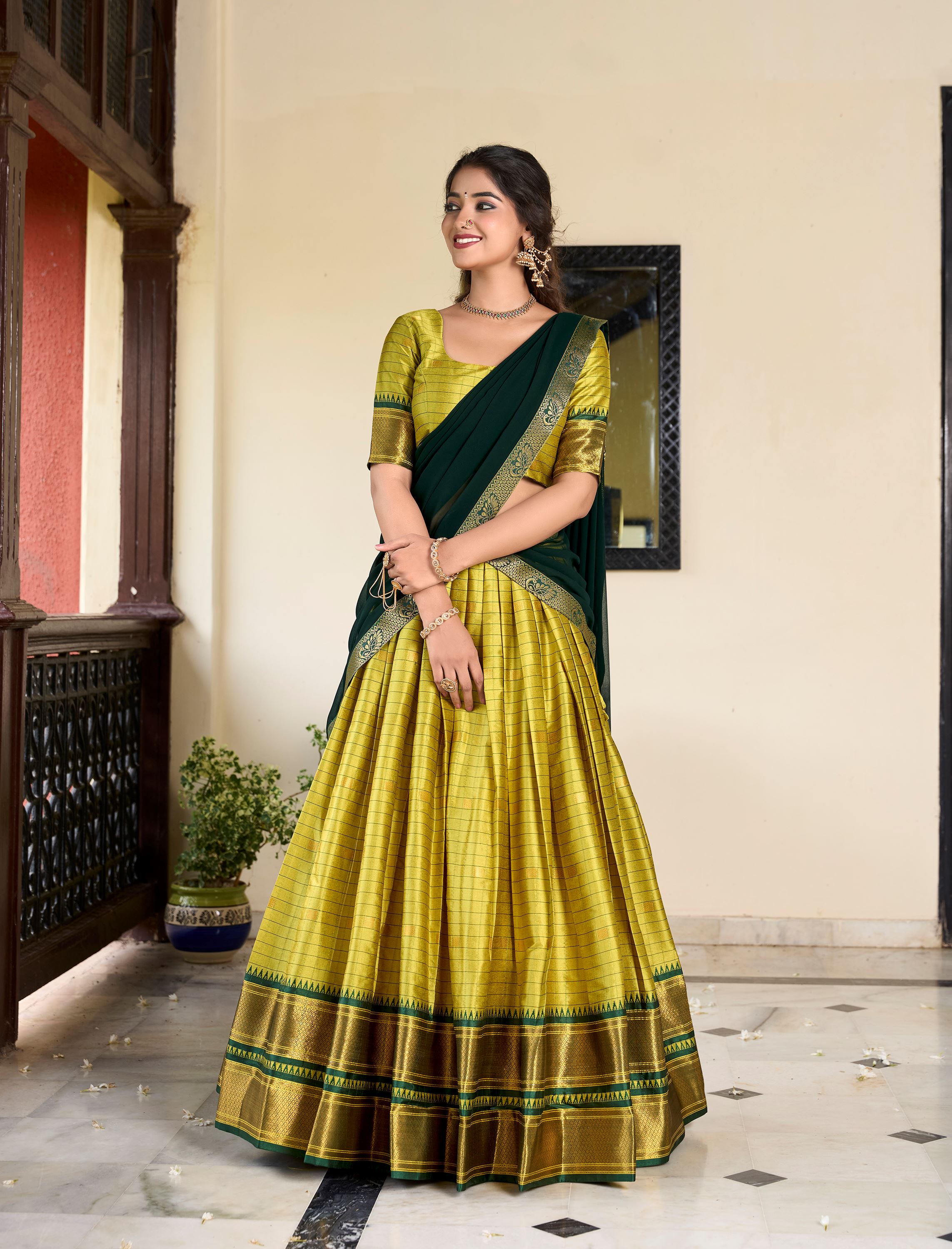 Cotton Silk Parrot Lehenga With Traditional Paithani Weave Detailing