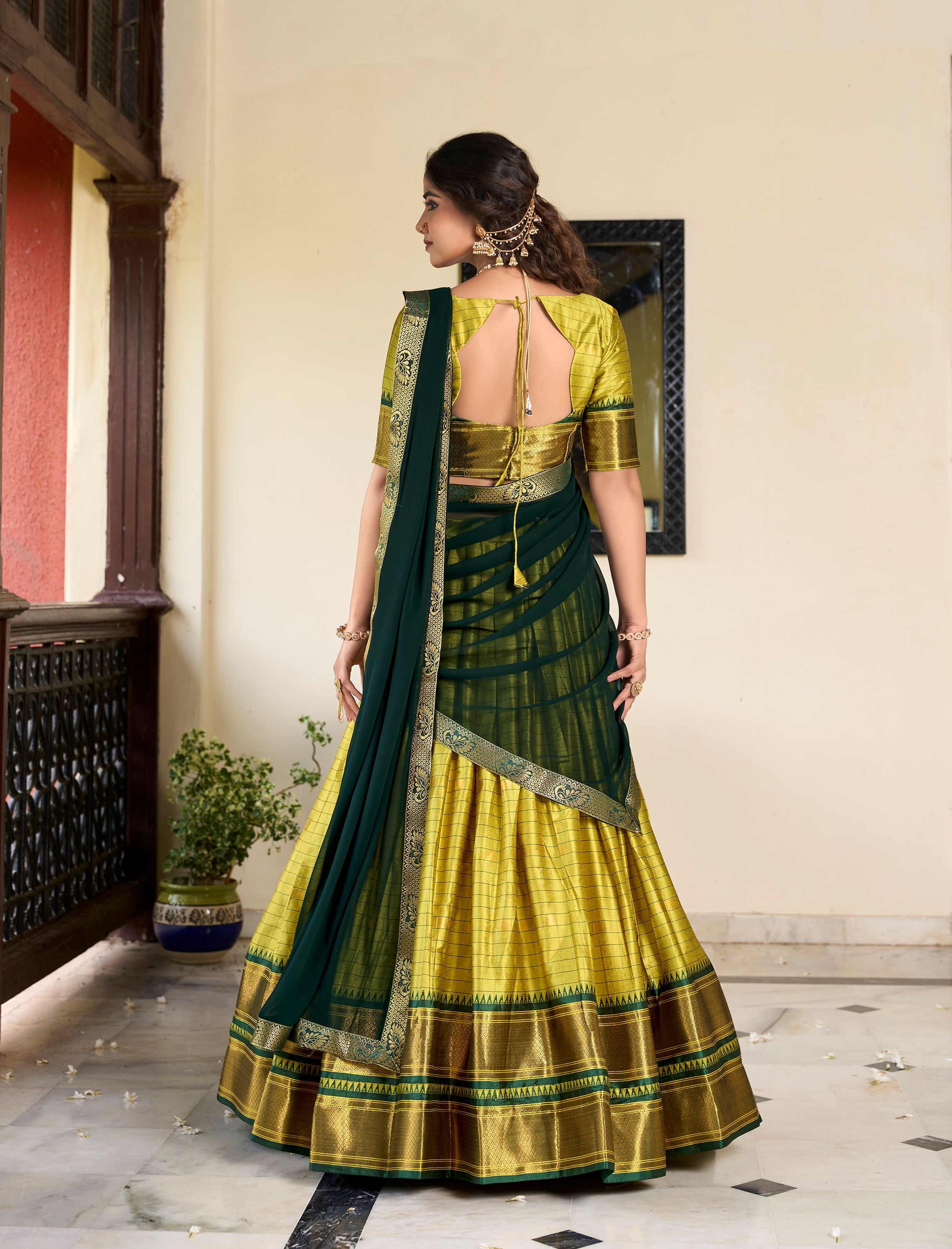 Cotton Silk Parrot Lehenga With Traditional Paithani Weave Detailing