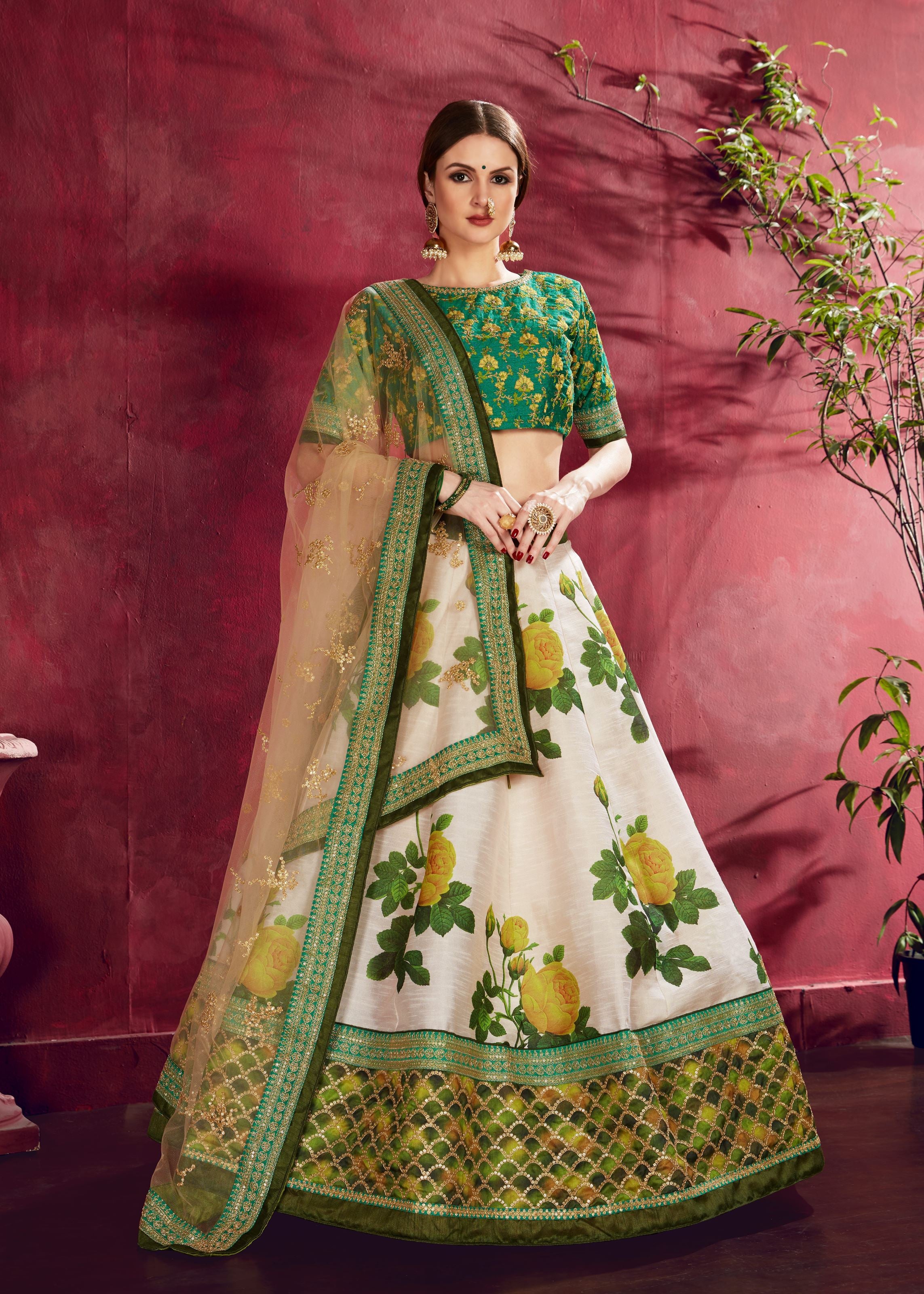 Cream-Green Lehenga Choli With Floral Print, Dori, Zari And Sequins Embroidery