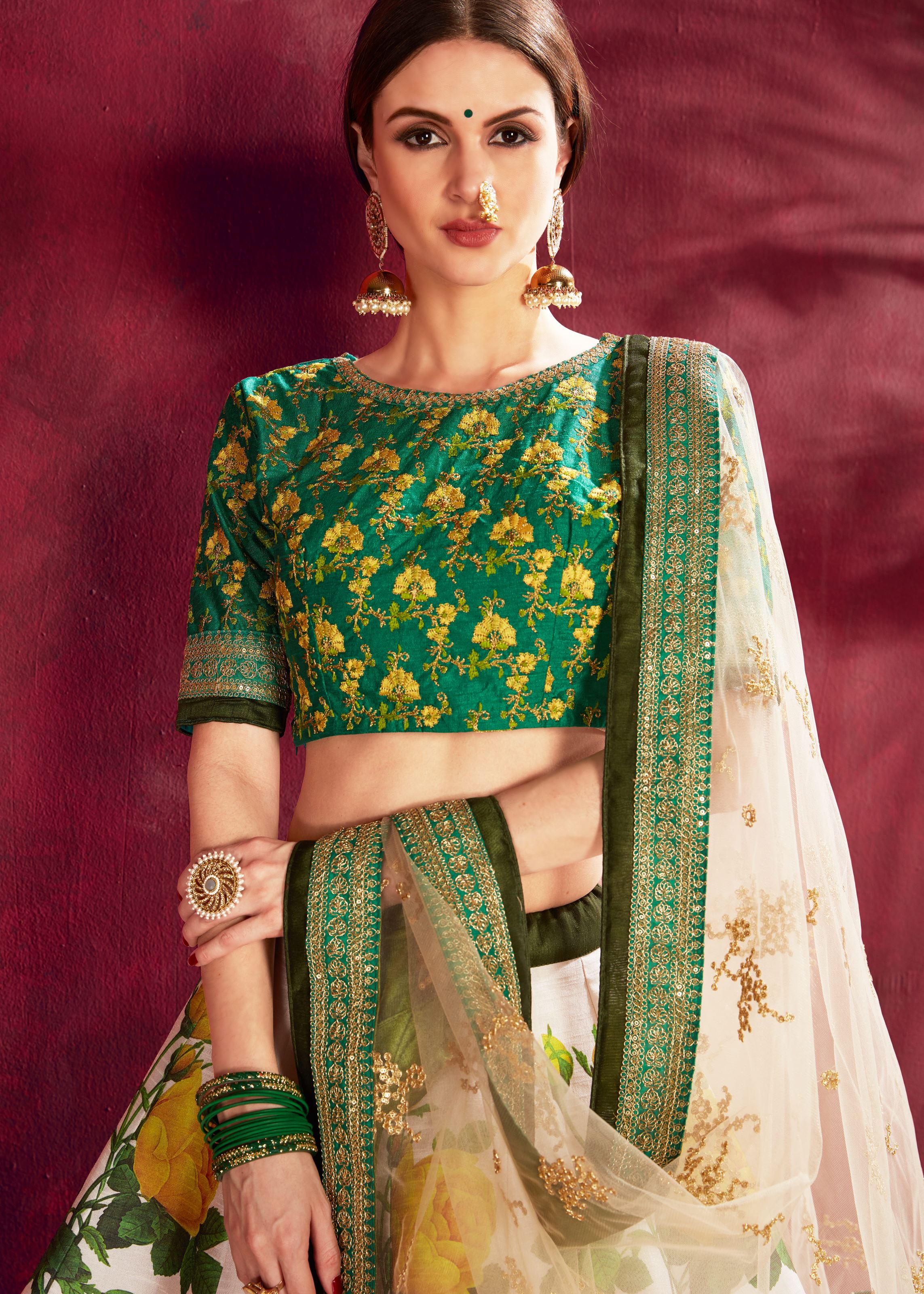 Cream-Green Lehenga Choli With Floral Print, Dori, Zari And Sequins Embroidery