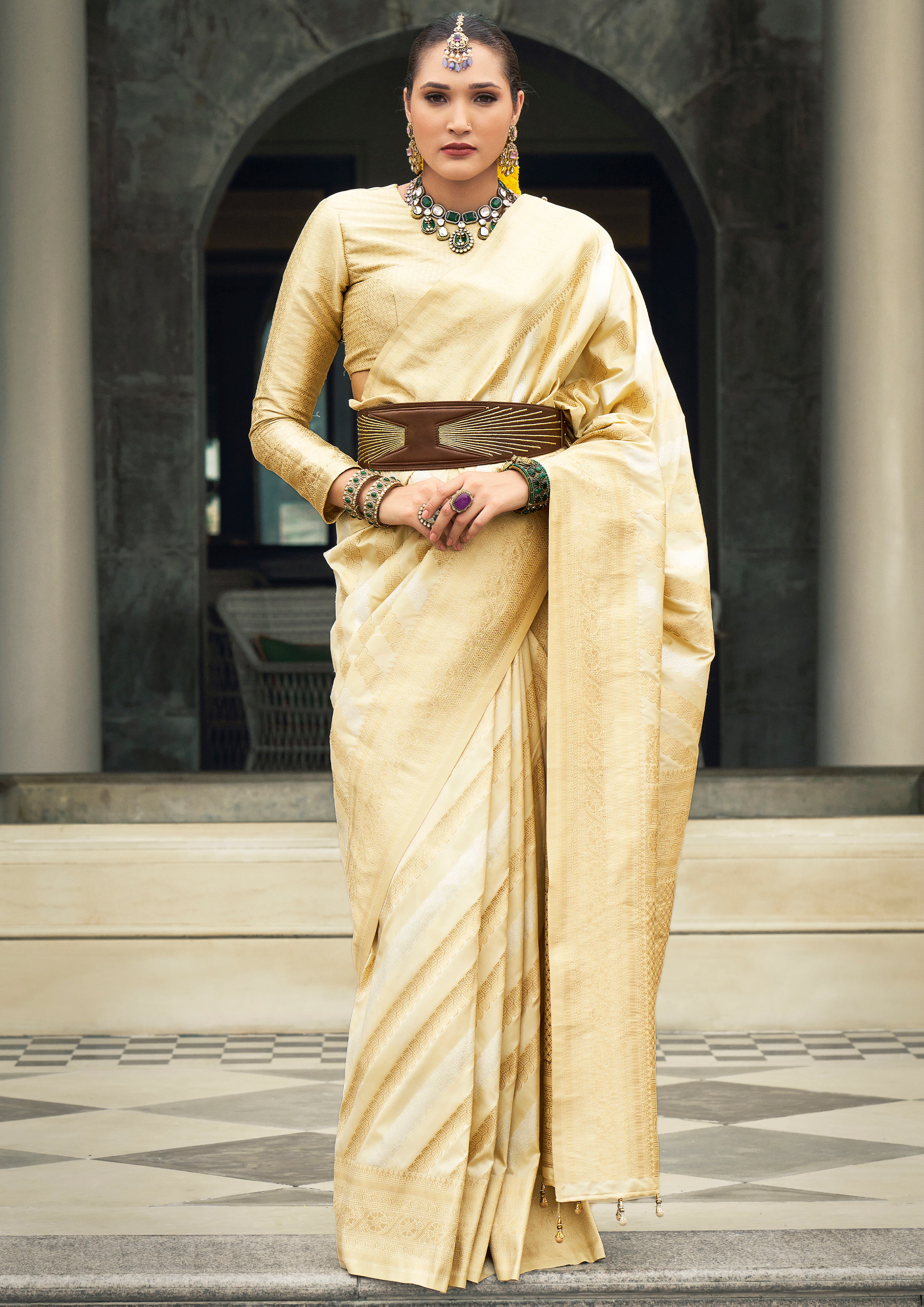 Cream Banarasi Silk Saree With Jacquard Woven Work