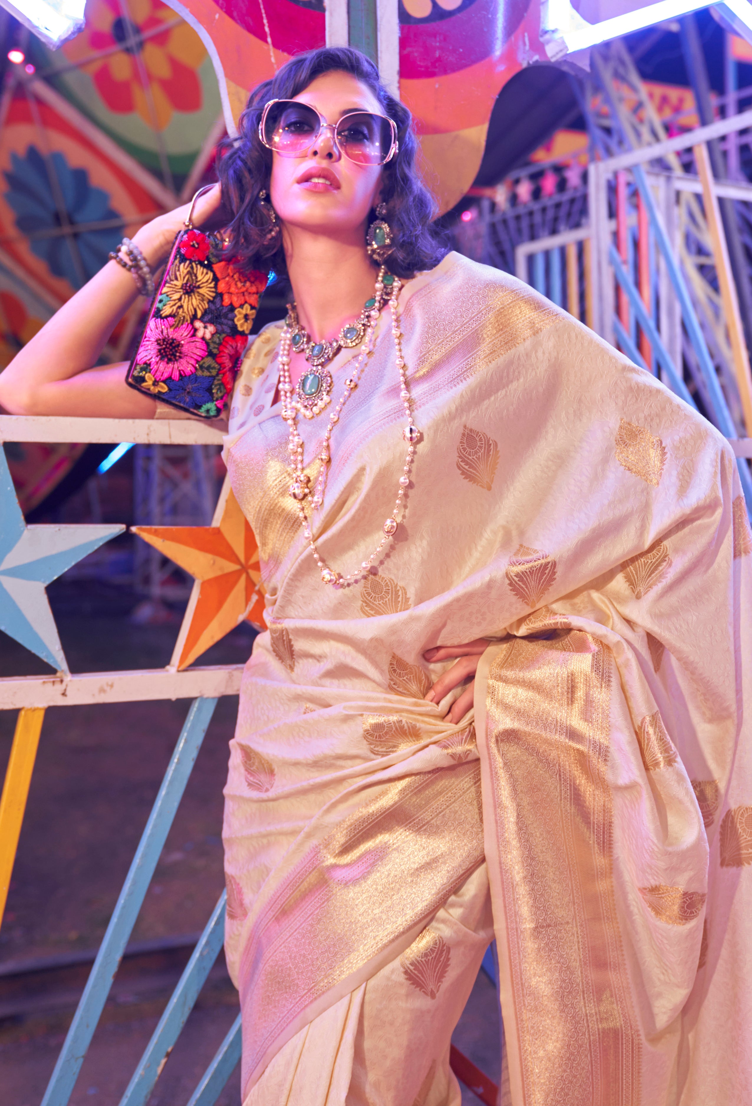 Cream Banarasi Silk Saree With Jacquard Woven Work