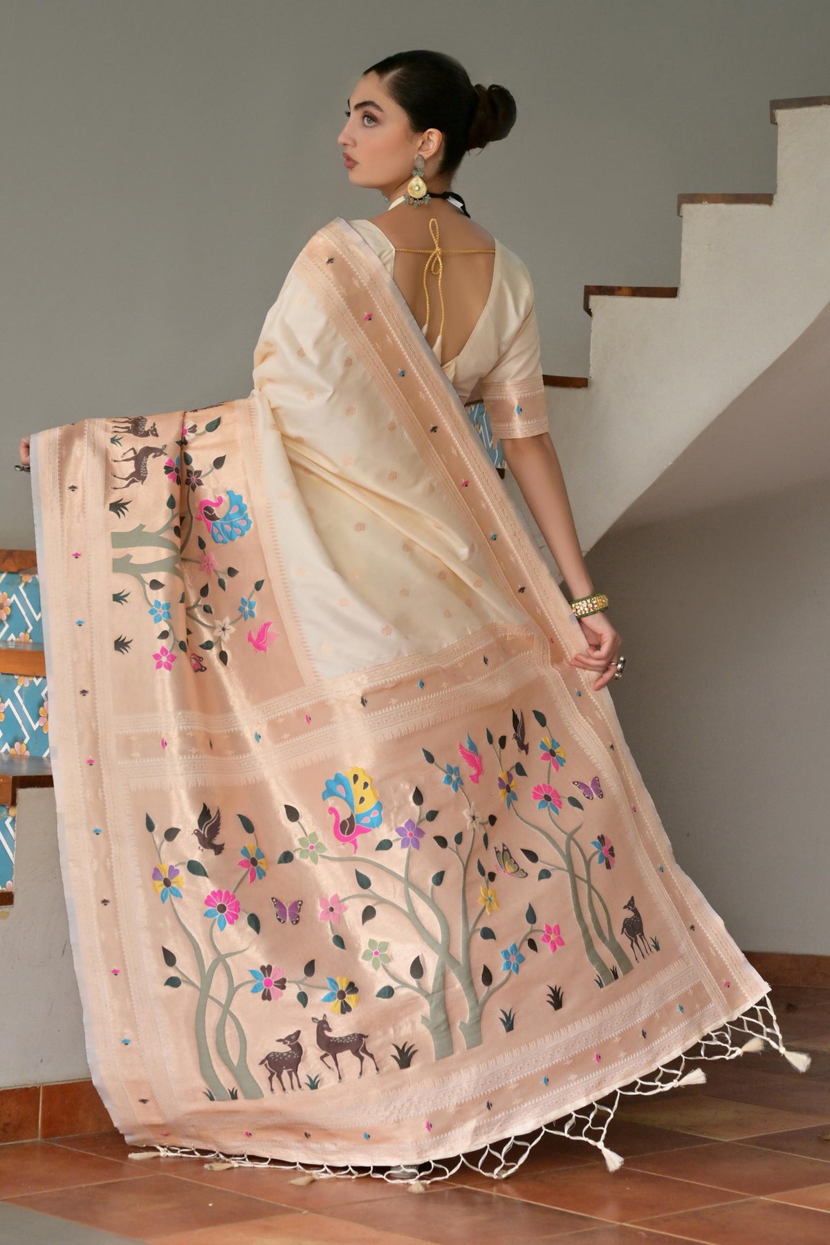 Cream Banarasi Silk Saree with Elegant Paithani Woven Work