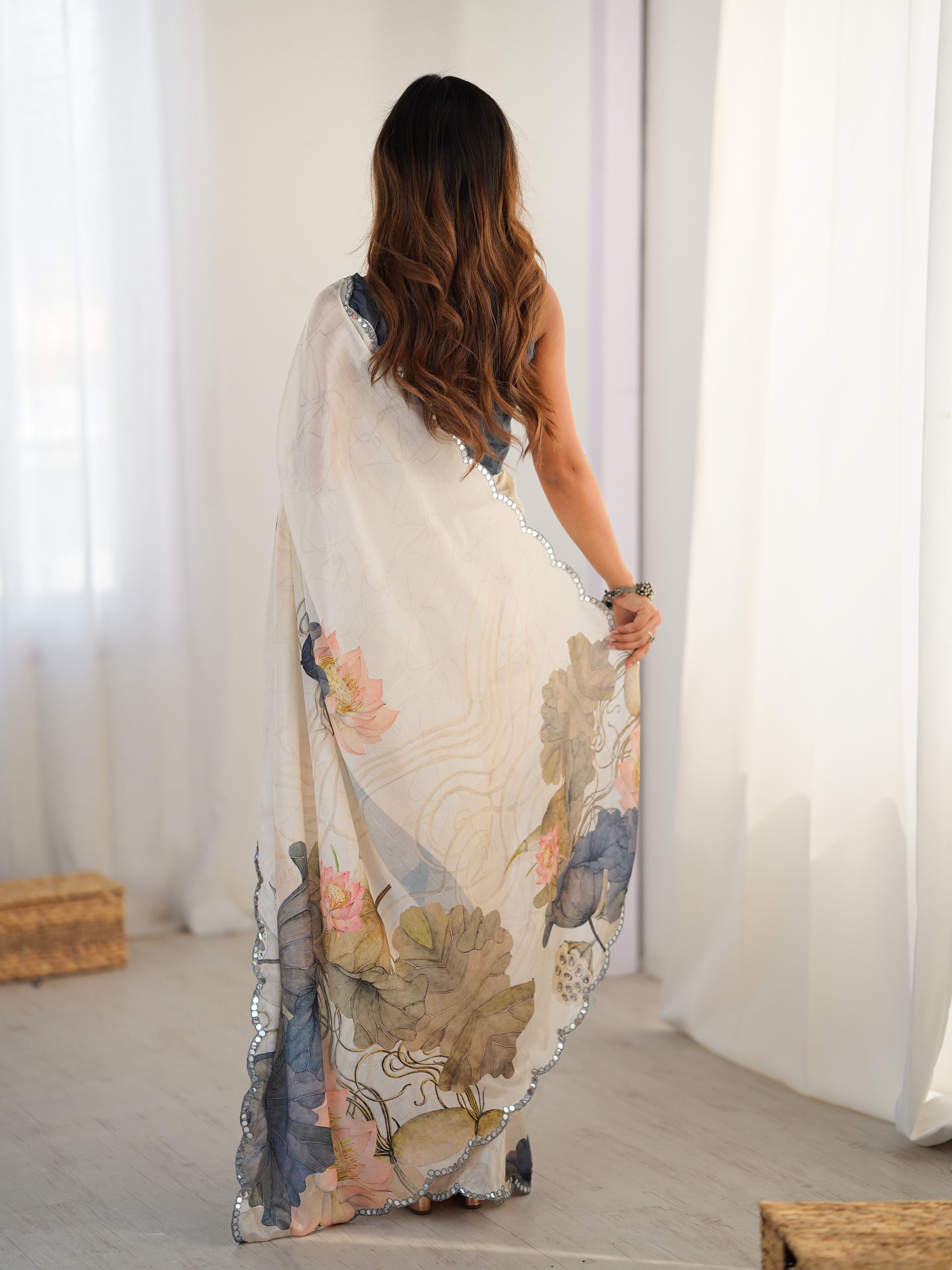 Cream Beautiful Chinon Smart Printed Festive Wear Ceremonial Saree