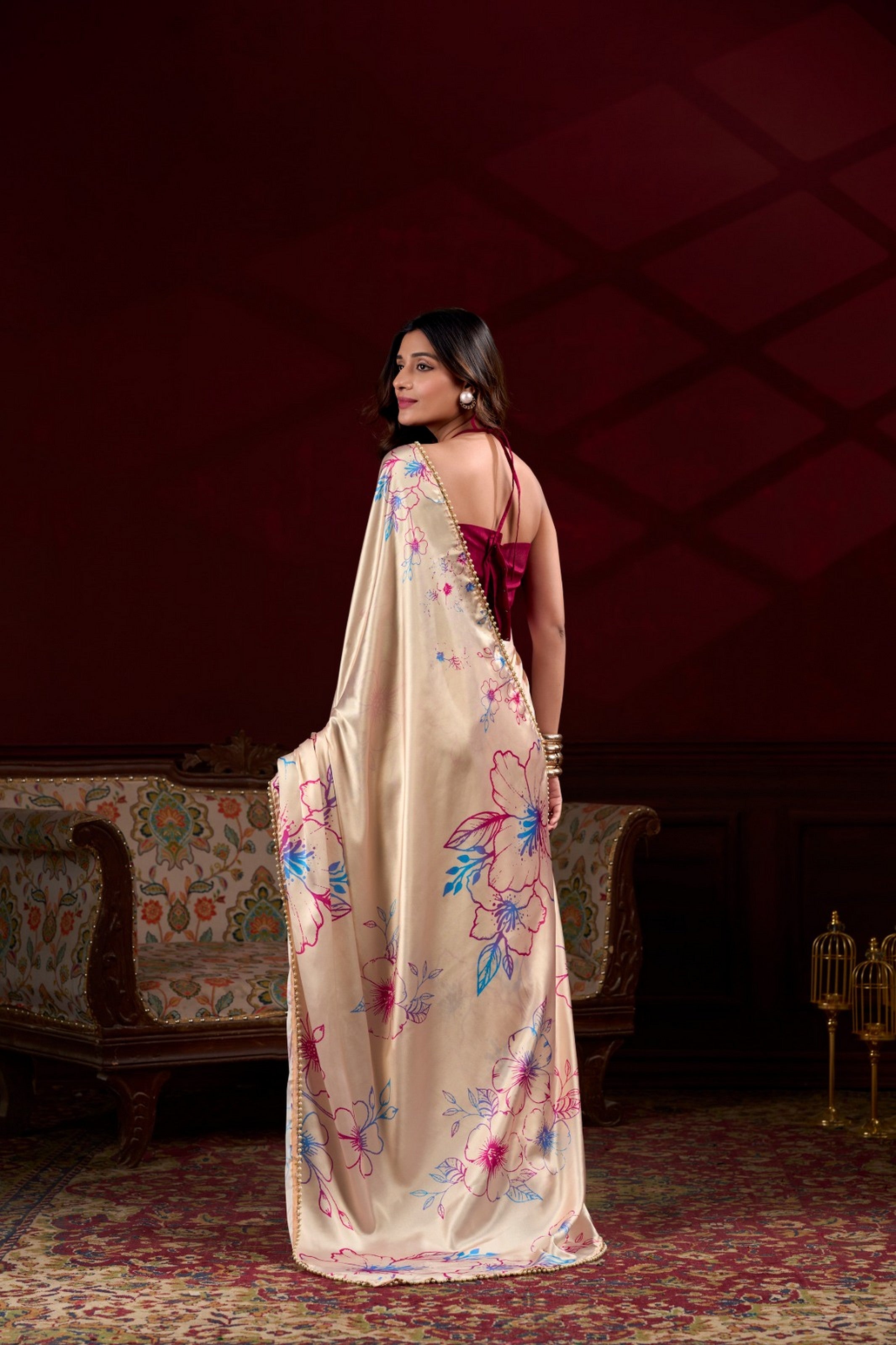 Cream Beautiful Floral Printed Japan Satin Silk Graceful Evening Party Saree
