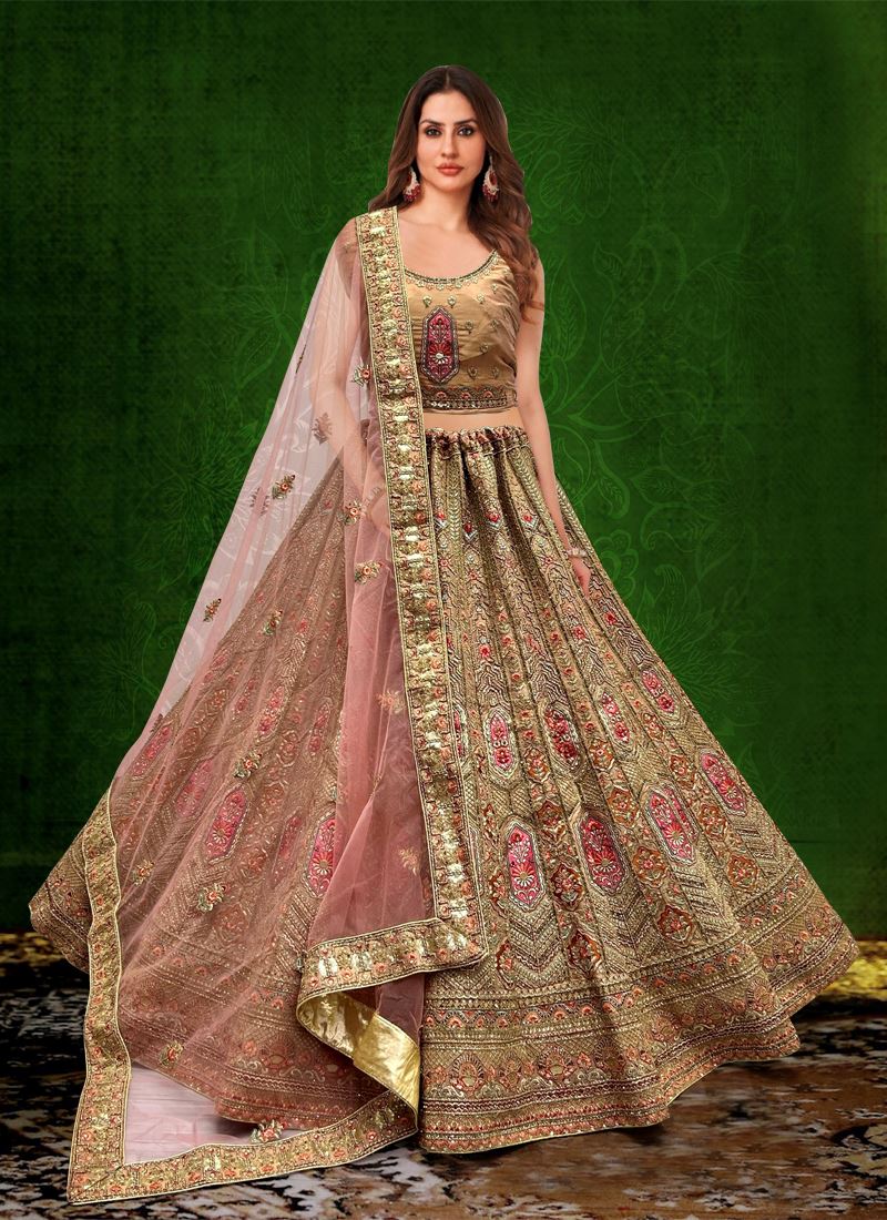 Cream Bridal Net Lehenga Choli With Embroidery Work