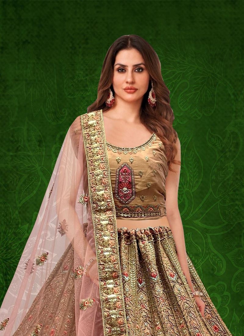 Cream Bridal Net Lehenga Choli With Embroidery Work