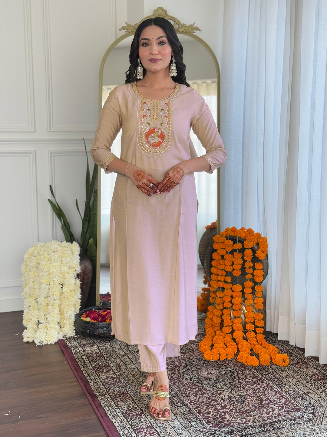 Cream Bsy Viscose Elegant Kurta Pant Set With Embroidery Work