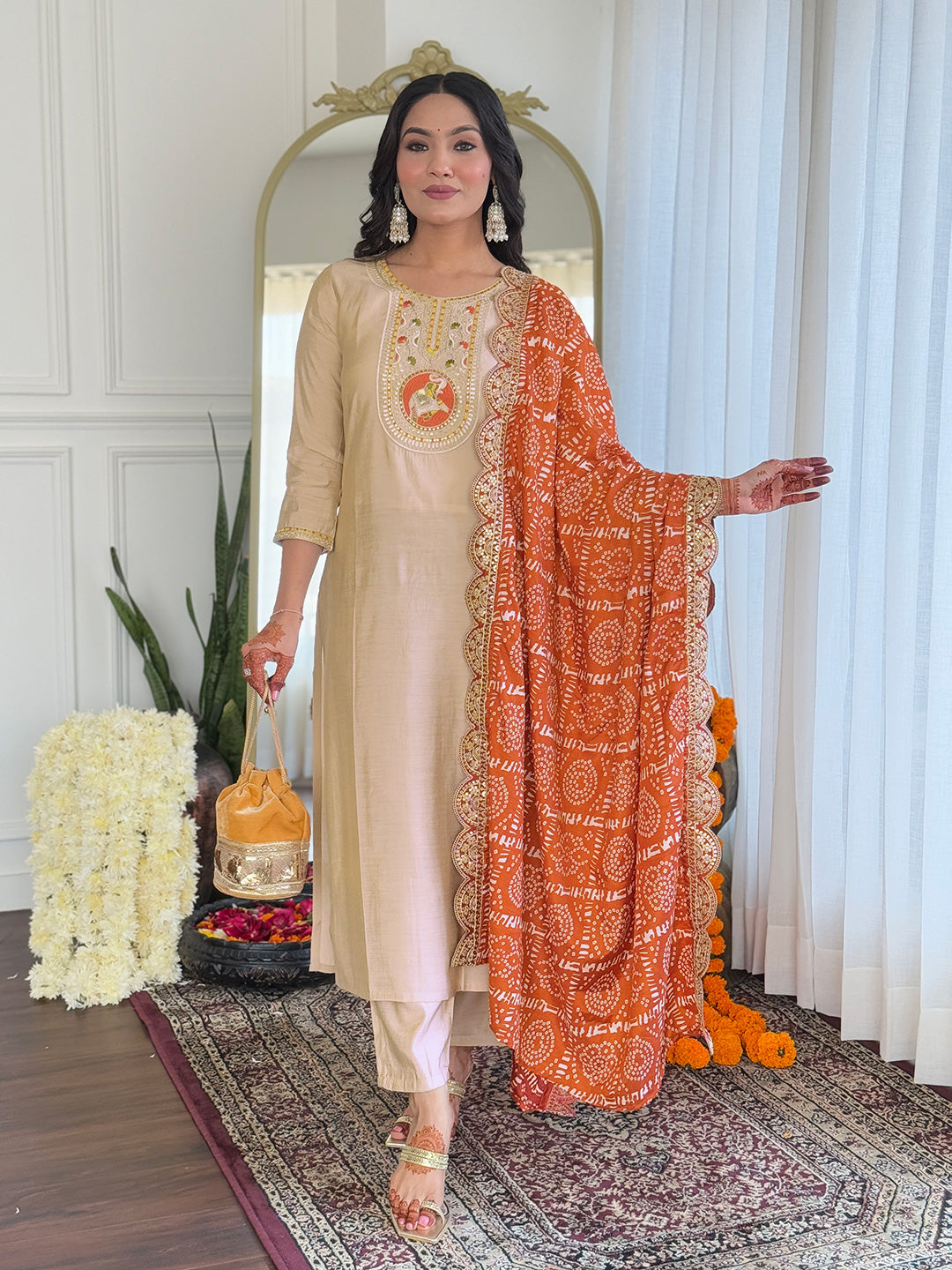 Cream Bsy Viscose Elegant Kurta Pant Set With Embroidery Work