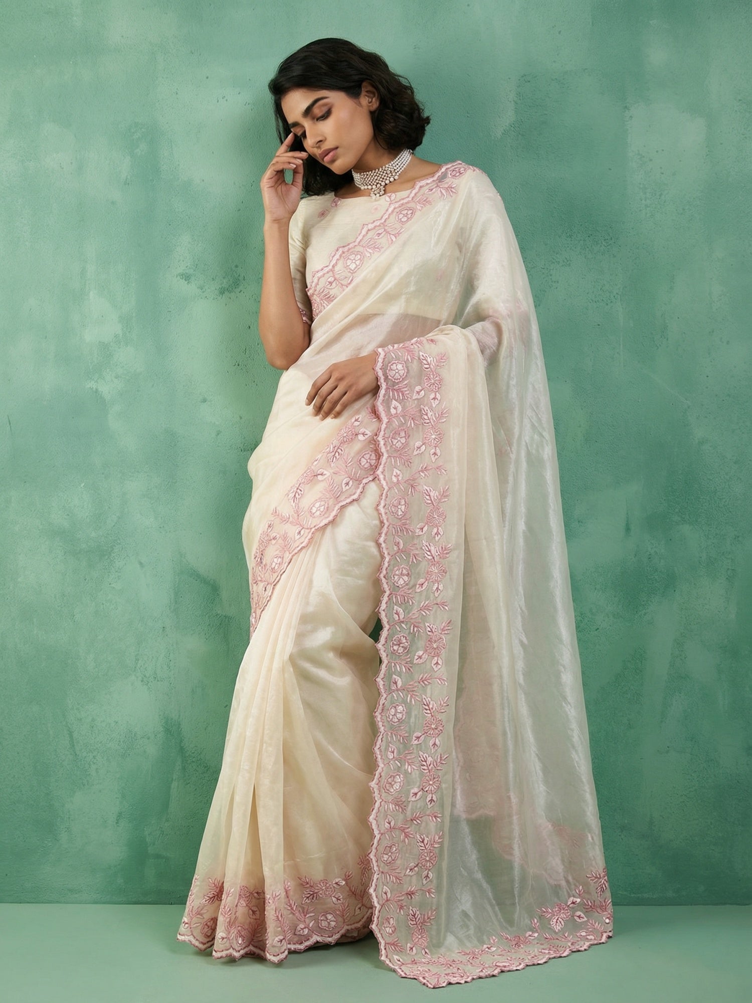 Cream Chanda Silk Saree with Floral Thread Embroidery Cut Work