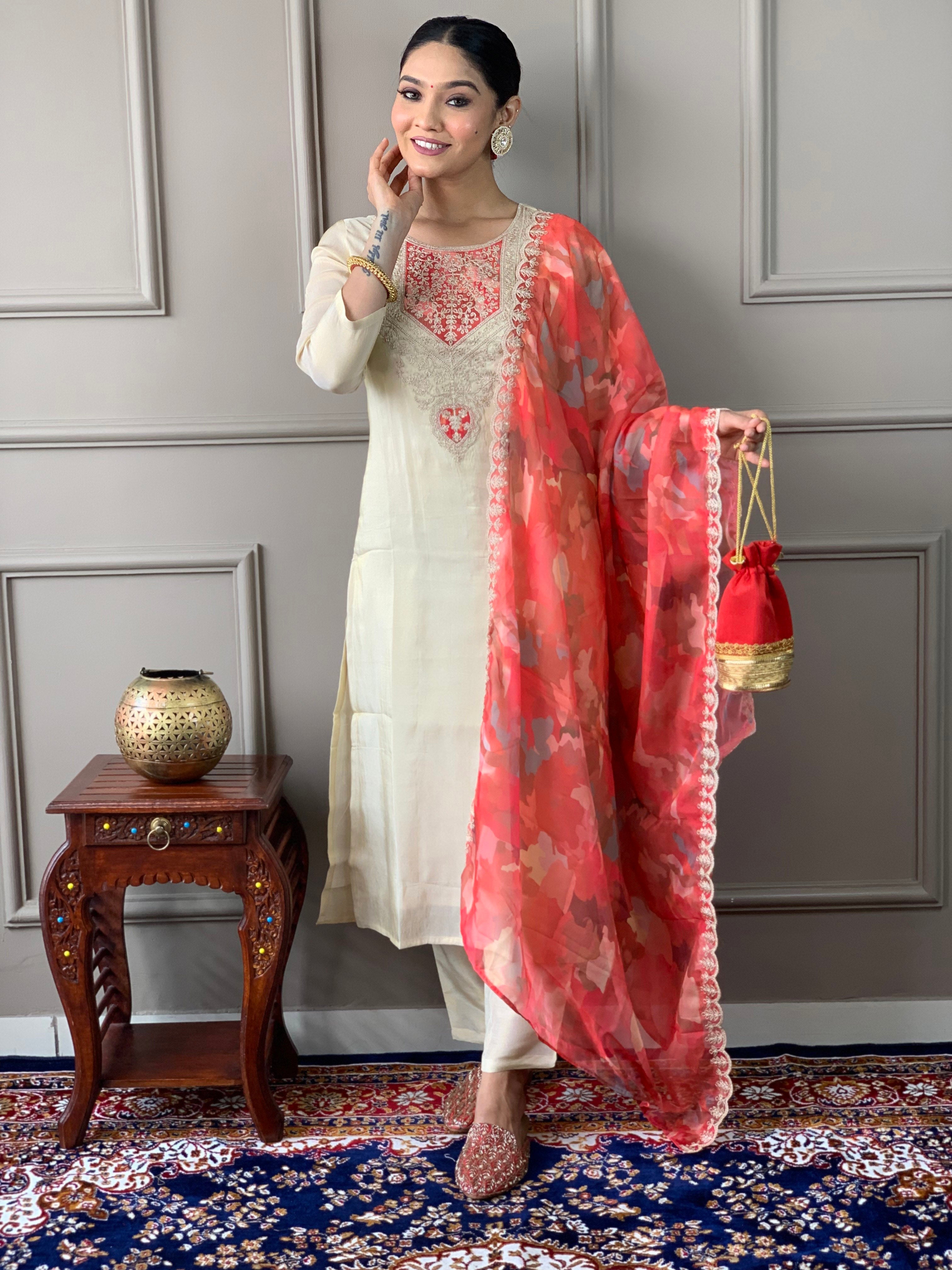 Cream Chanderi Silk Elegant Kurta Pant Set With Embroidery Work