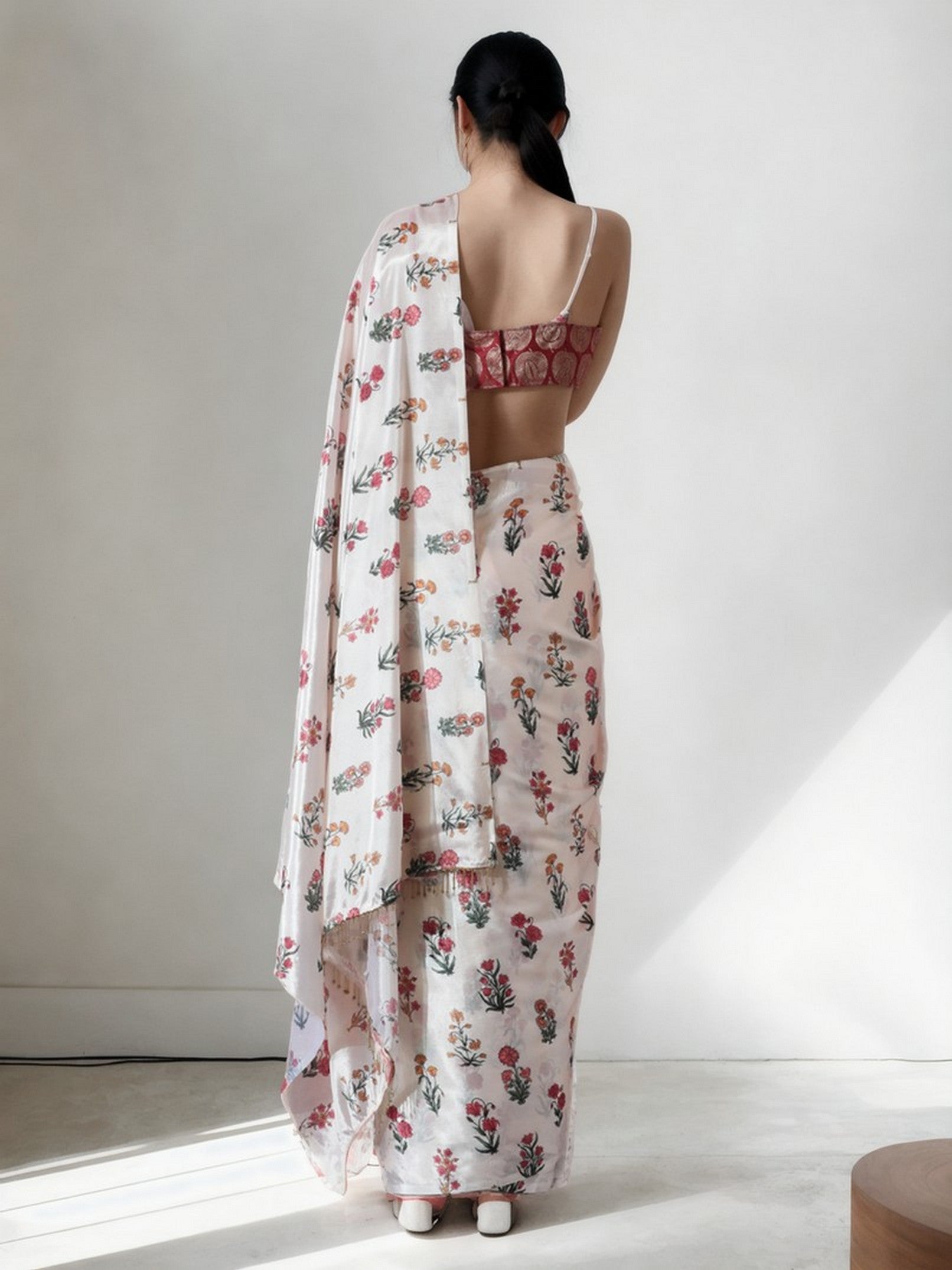 Cream Chinnon Partywear Printed Girlie Ready To Wear Saree