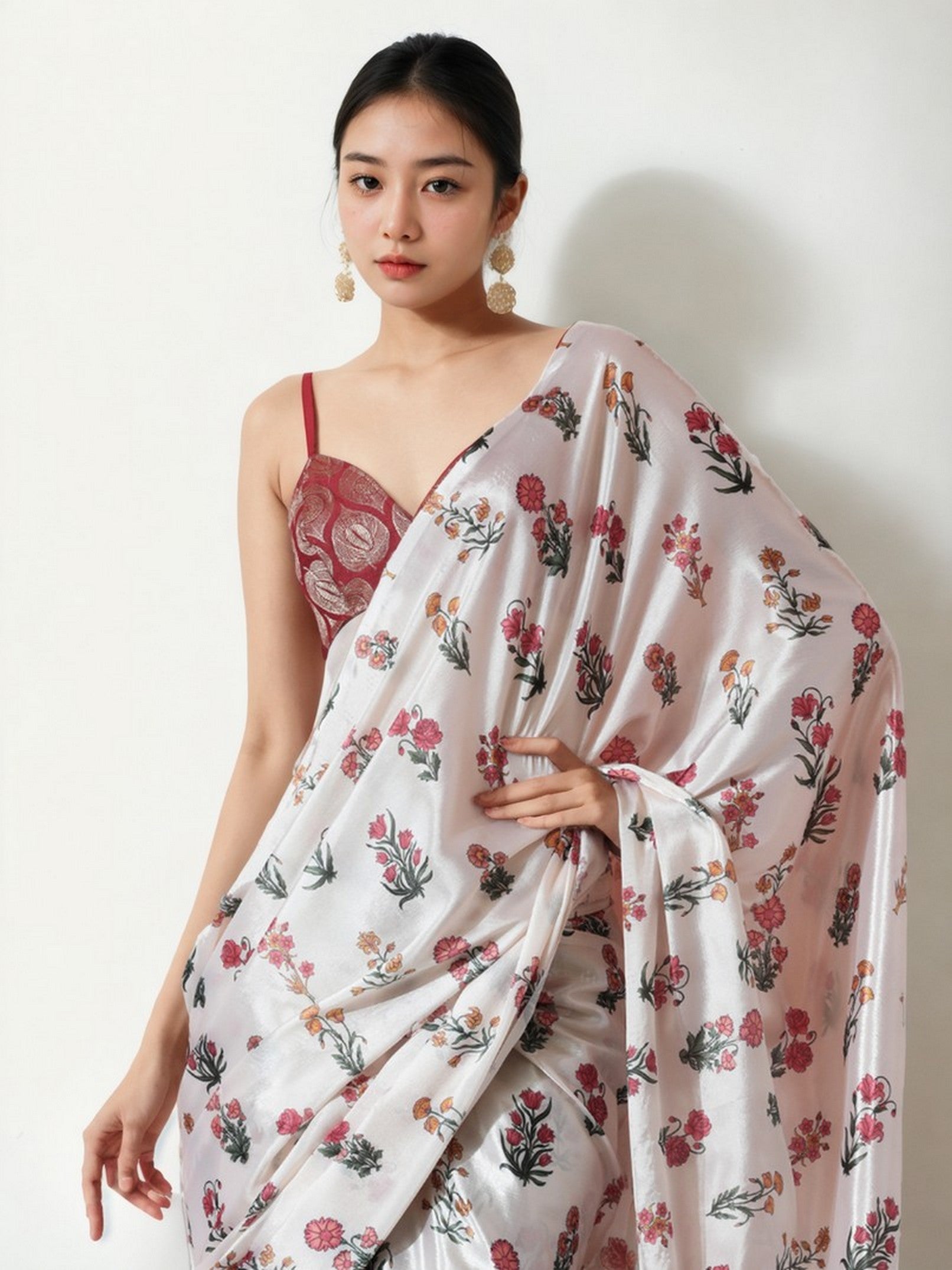Cream Chinnon Partywear Printed Girlie Ready To Wear Saree