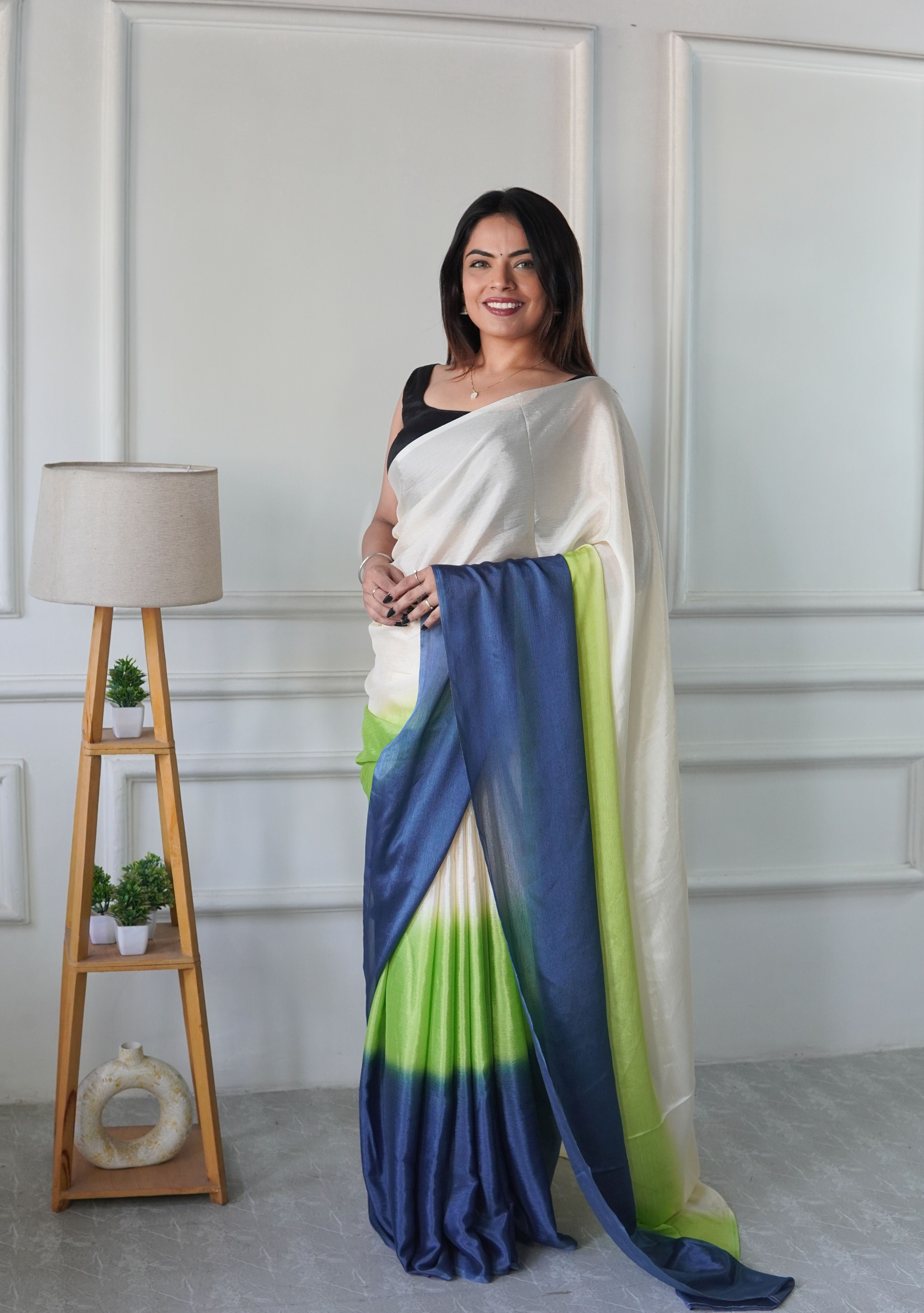 Cream Chinon Pedding Solid Designer Ready To Wear Saree