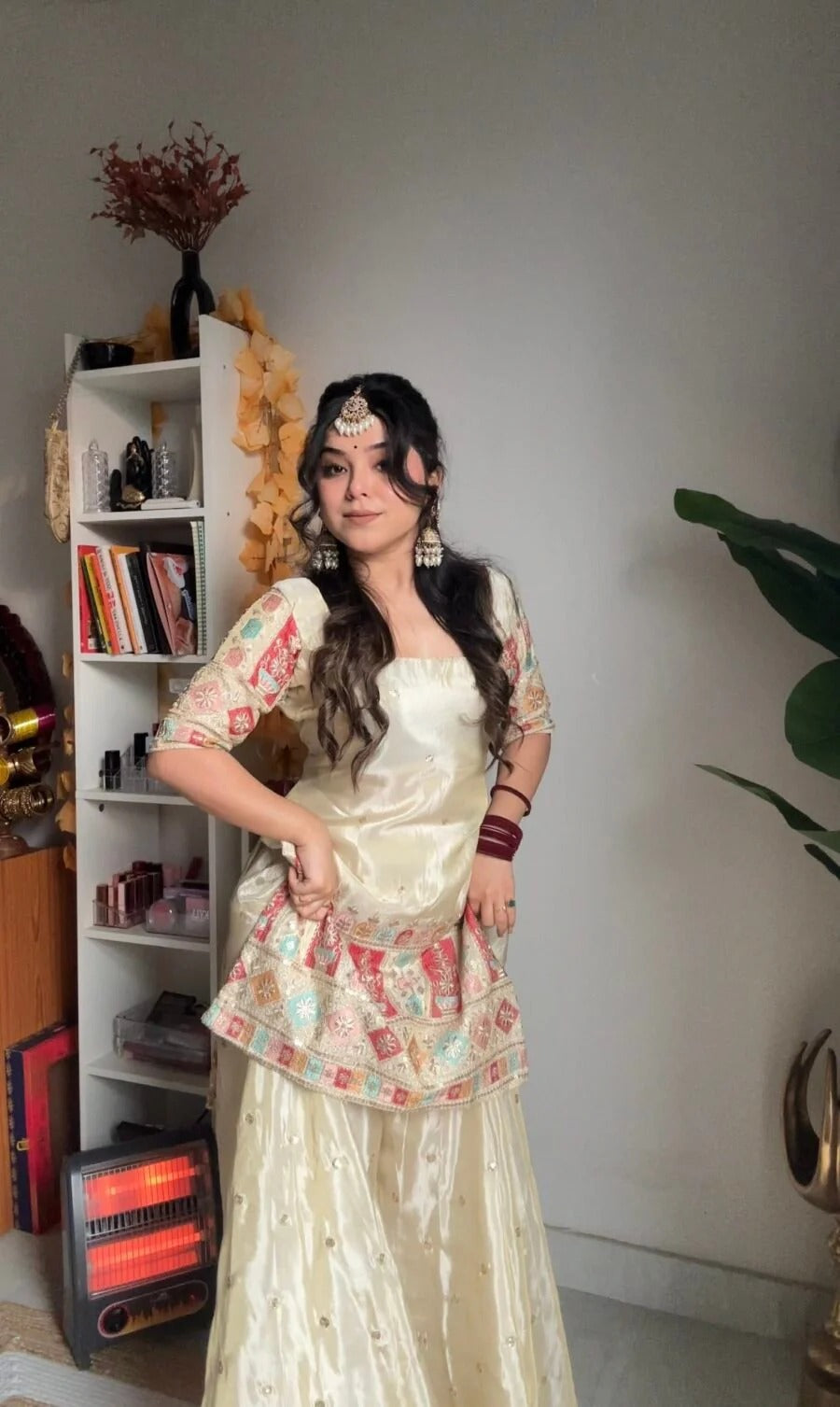 Cream Chinon Silk Kurta With Palazzo Set With Heavy Thread Embroidery Work
