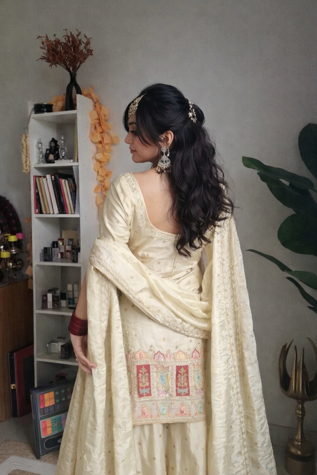 Cream Chinon Silk Kurta With Palazzo Set With Heavy Thread Embroidery Work