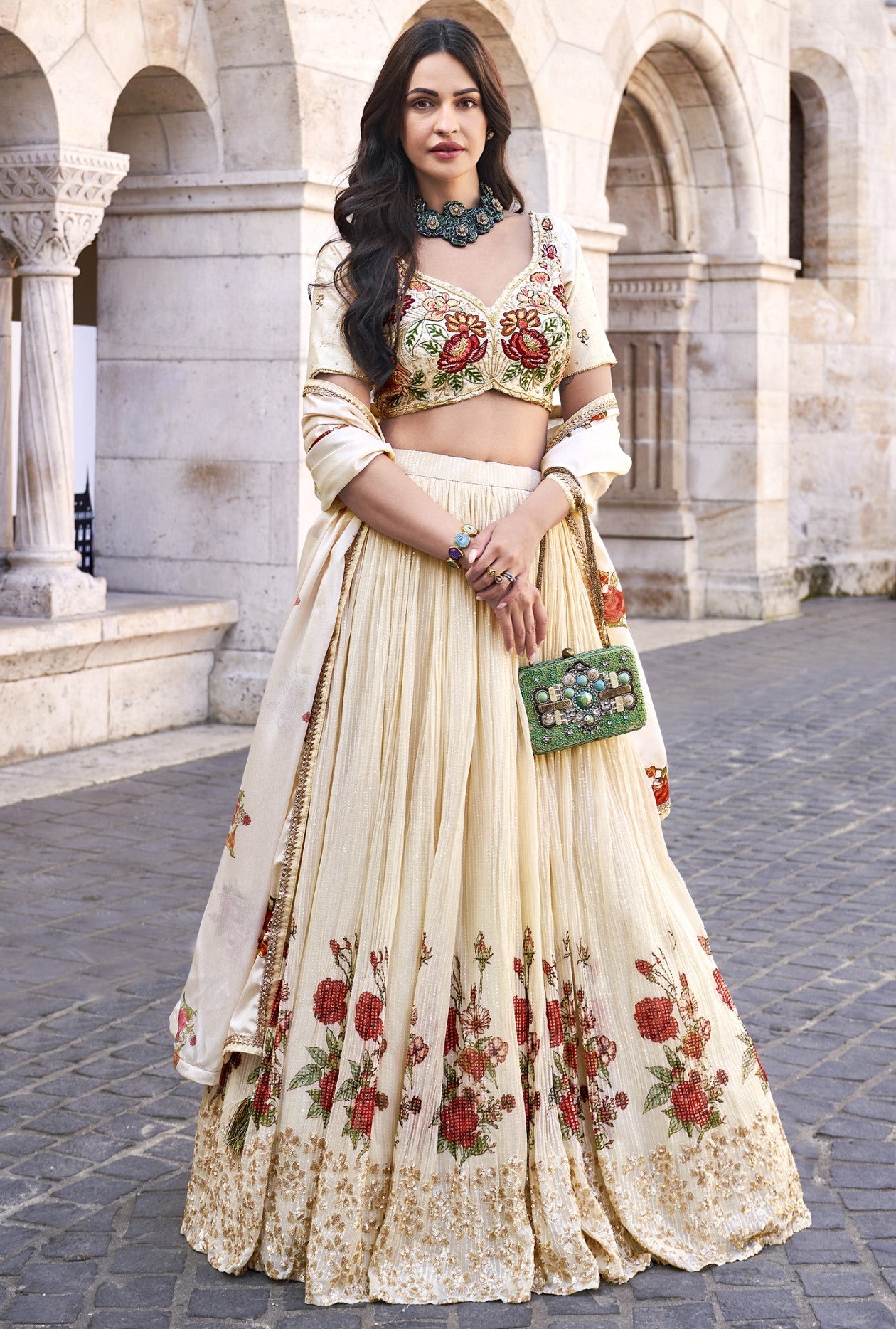 Cream Chinon Silk Lehenga Choli With Handwork Blouse