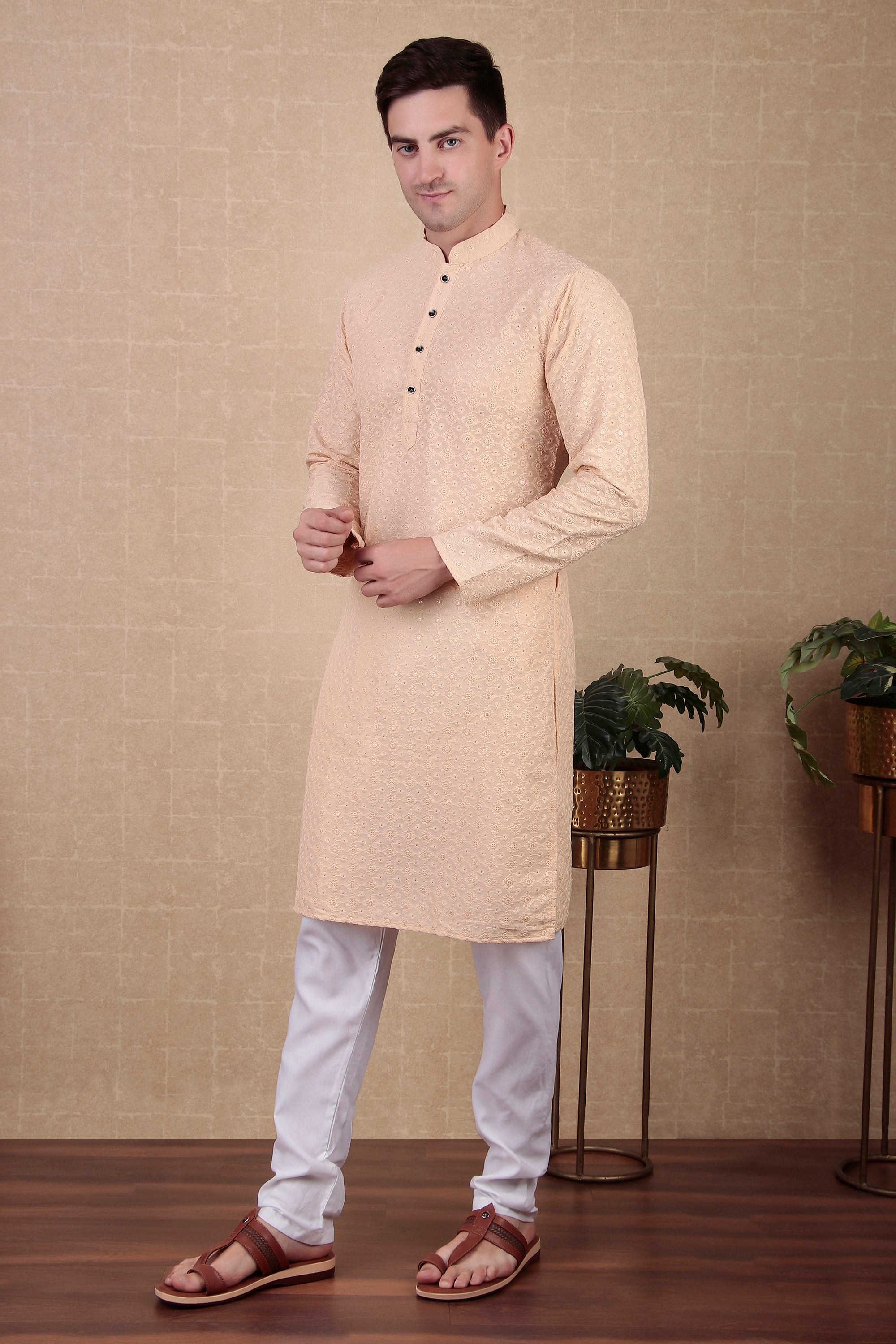 Cream Color Sequins Embroidered Bollywood Style Kurta Payjama Set – Subtle and Classy