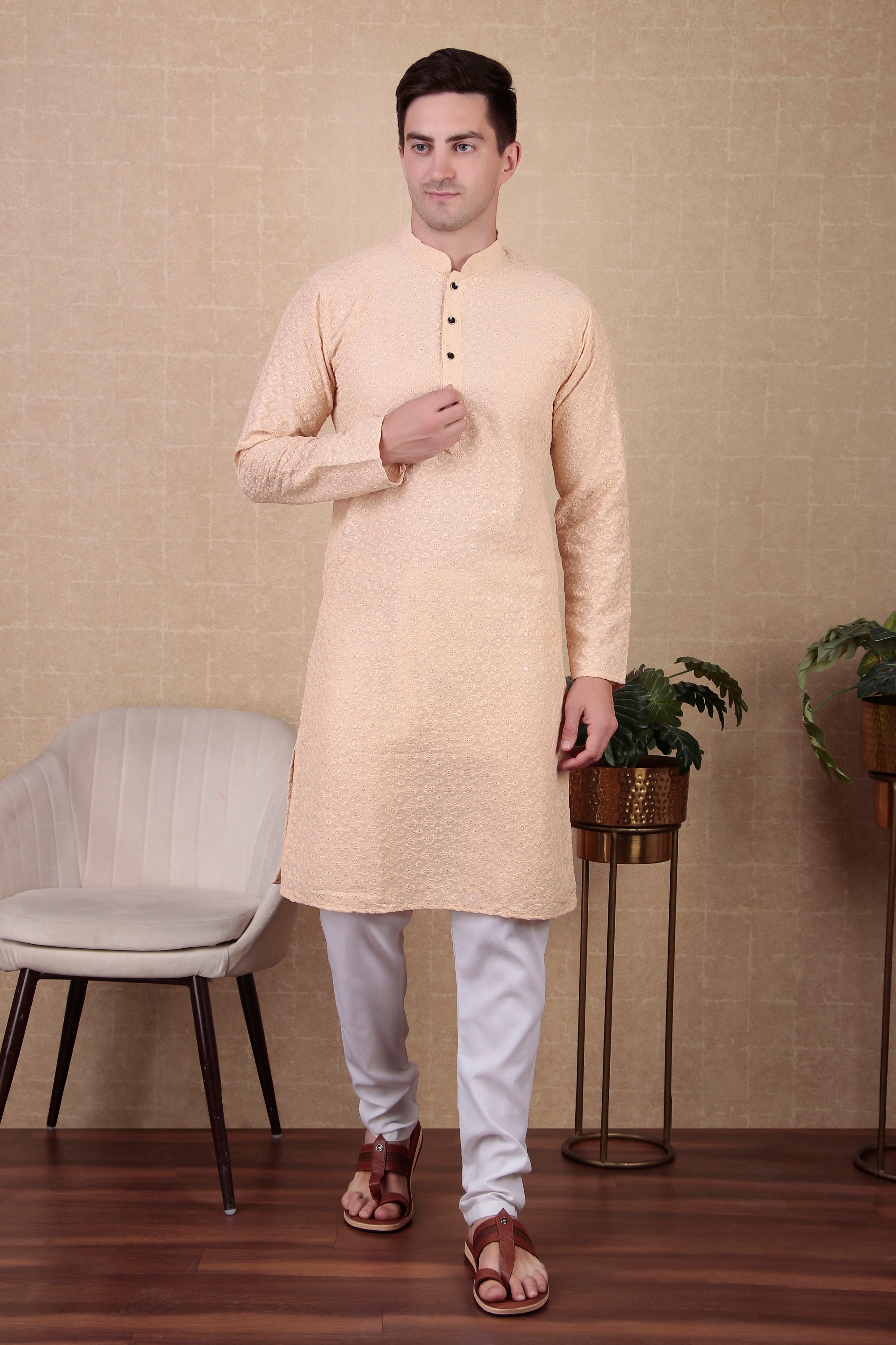 Cream Color Sequins Embroidered Bollywood Style Kurta Payjama Set – Subtle and Classy