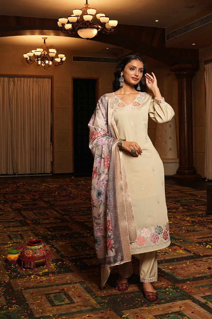 Cream Cotton Silk Designer Suit Set With Intricate Embroidery