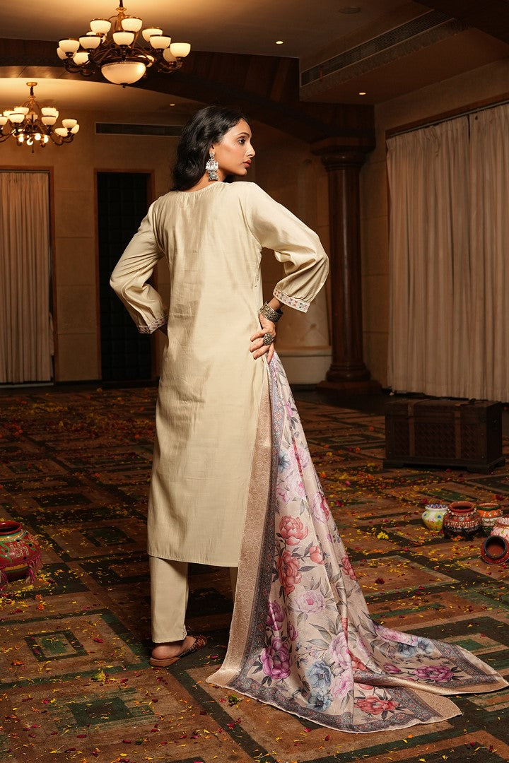 Cream Cotton Silk Designer Suit Set With Intricate Embroidery