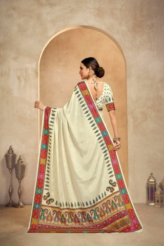 Cream Crepe Silk Position Digital Foil Printed Saree