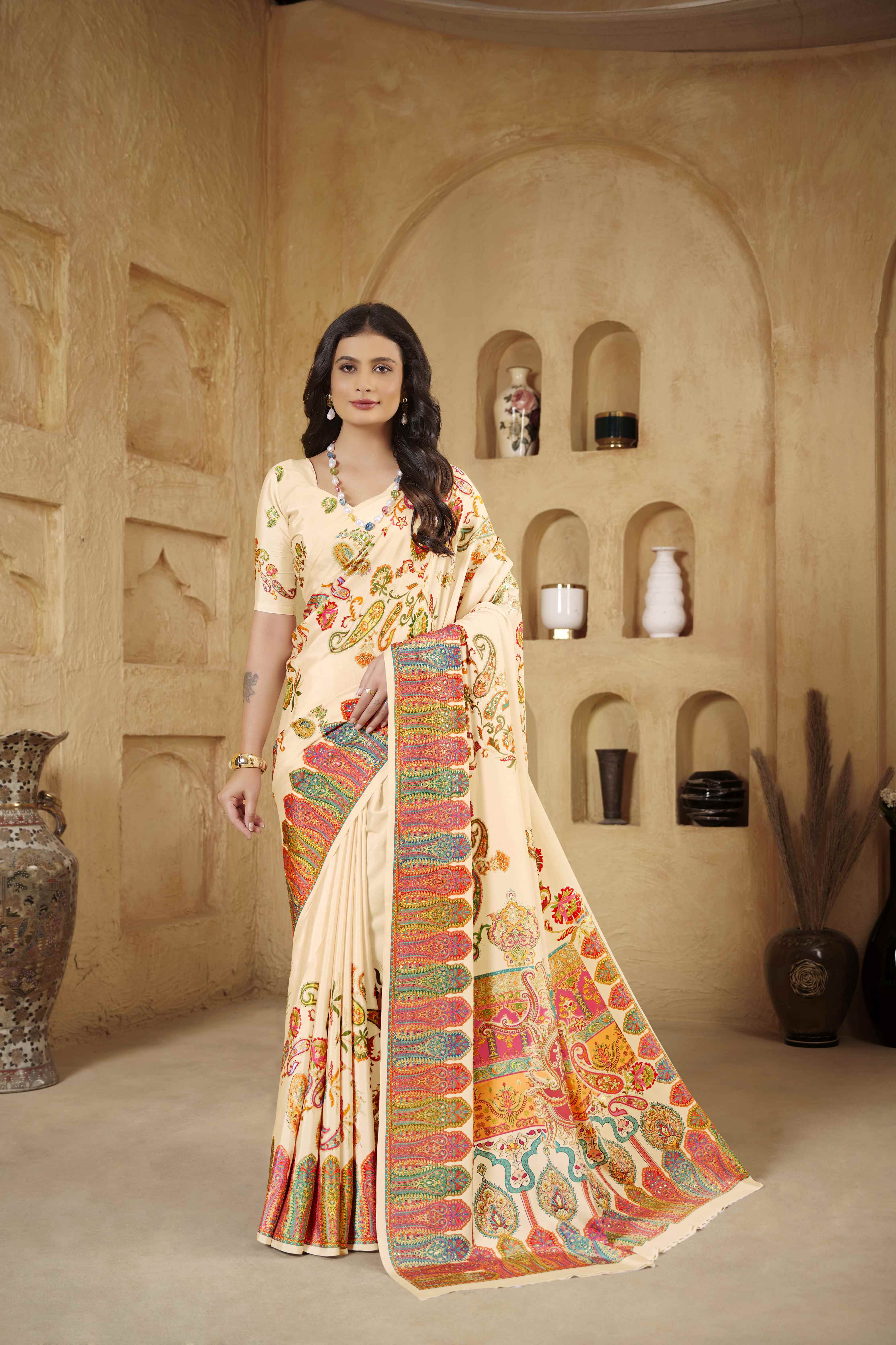 Cream Designer Position Digital Foil Printed Crepe Silk Ethnic Festive Saree