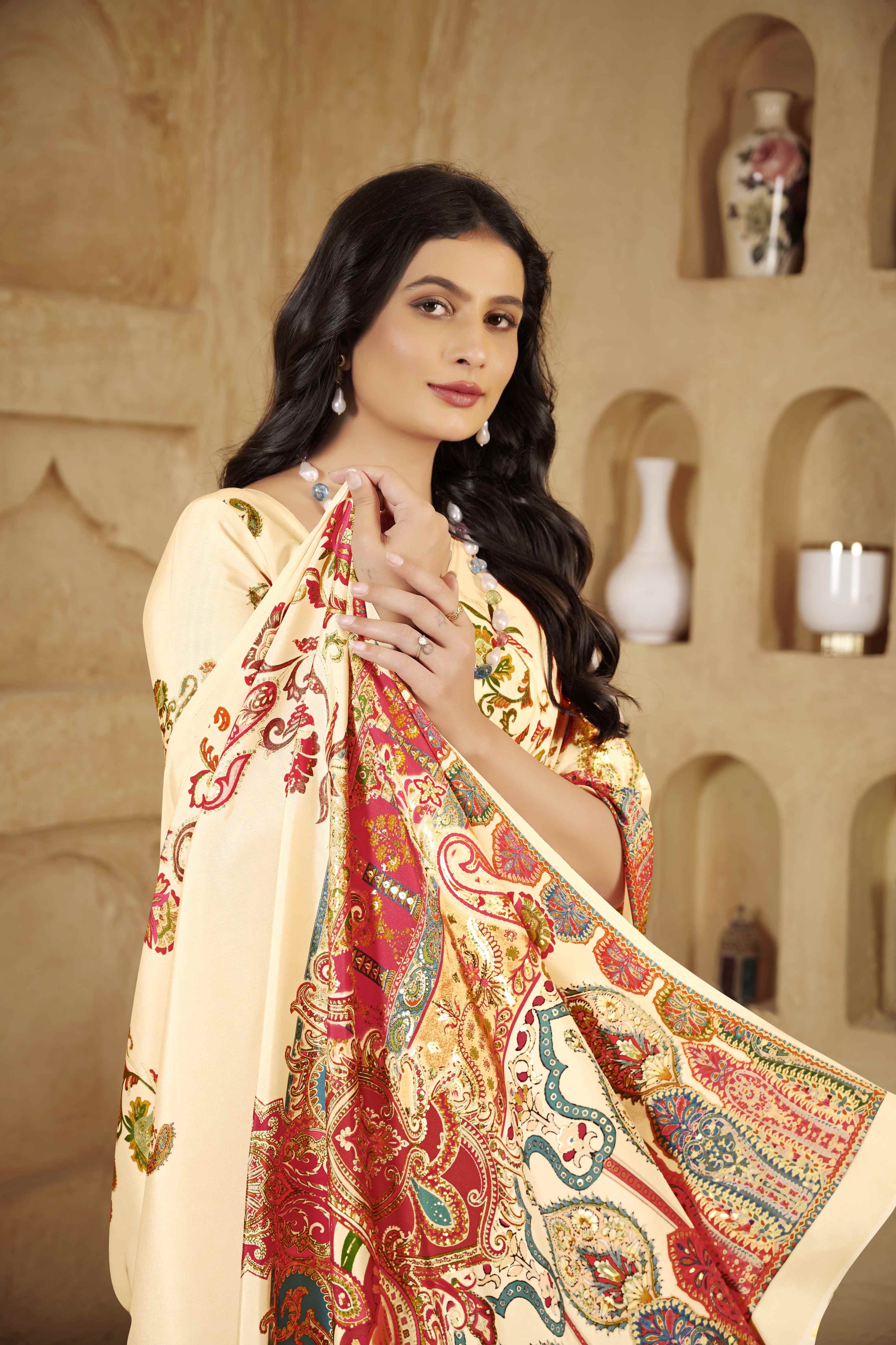 Cream Designer Position Digital Foil Printed Crepe Silk Ethnic Festive Saree