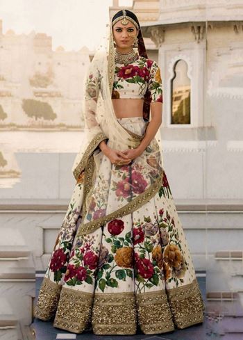 Cream Floral Digital Printed Art Silk Bridal Lehenga Choli