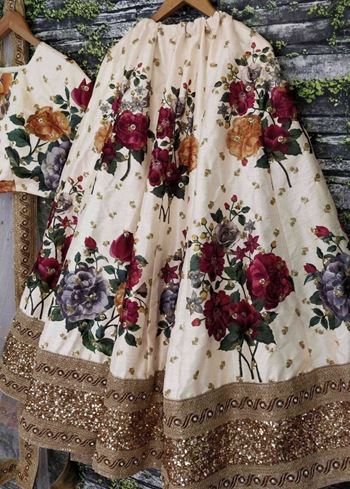 Cream Floral Digital Printed Art Silk Bridal Lehenga Choli