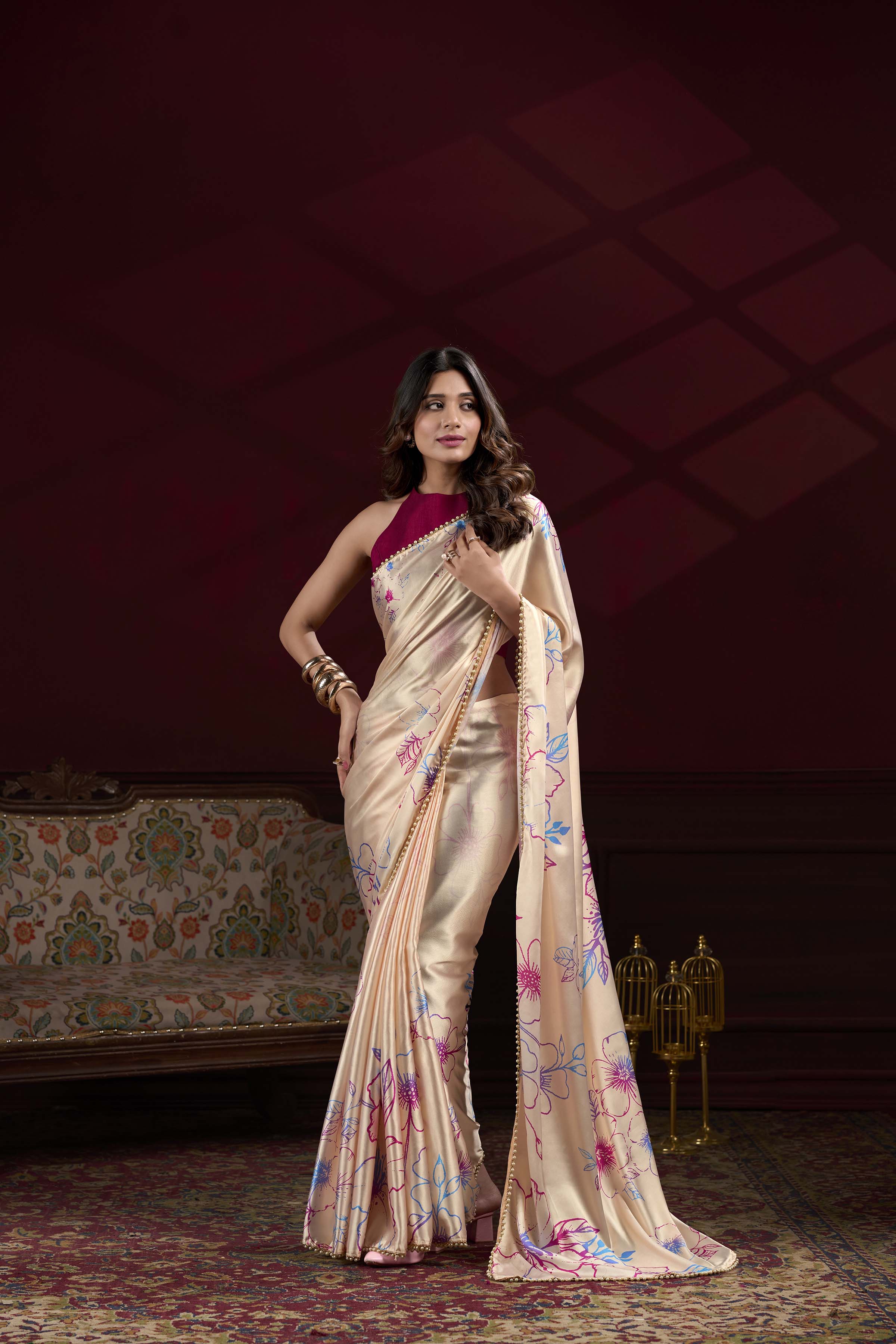 Cream Floral Printed Satin Silk Saree with Pearl Lace Border