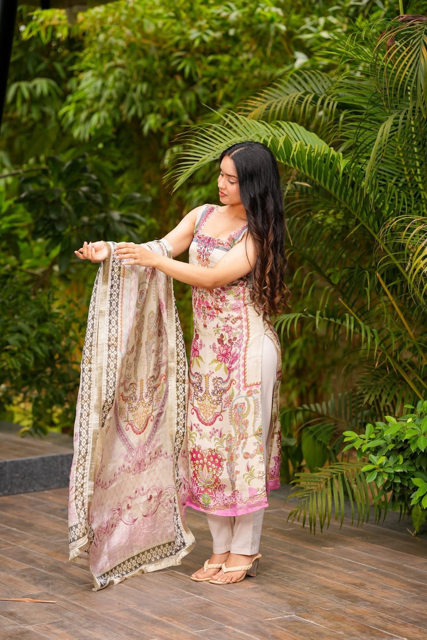 Cream French Crepe Kurta Pant Set Printed