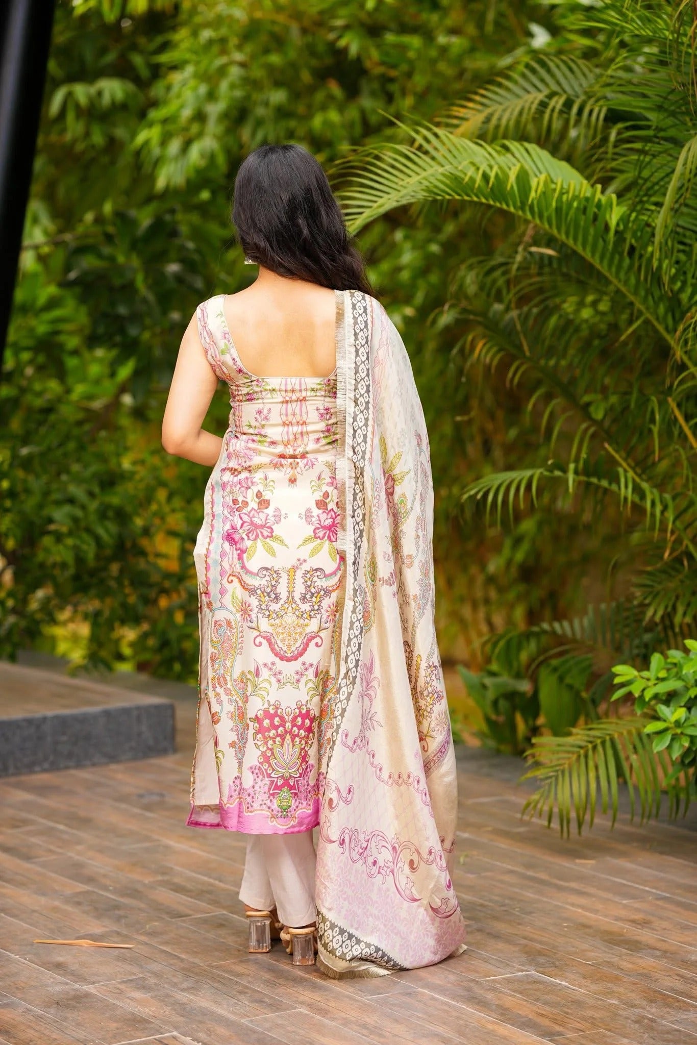 Cream French Crepe Kurta Pant Set Printed