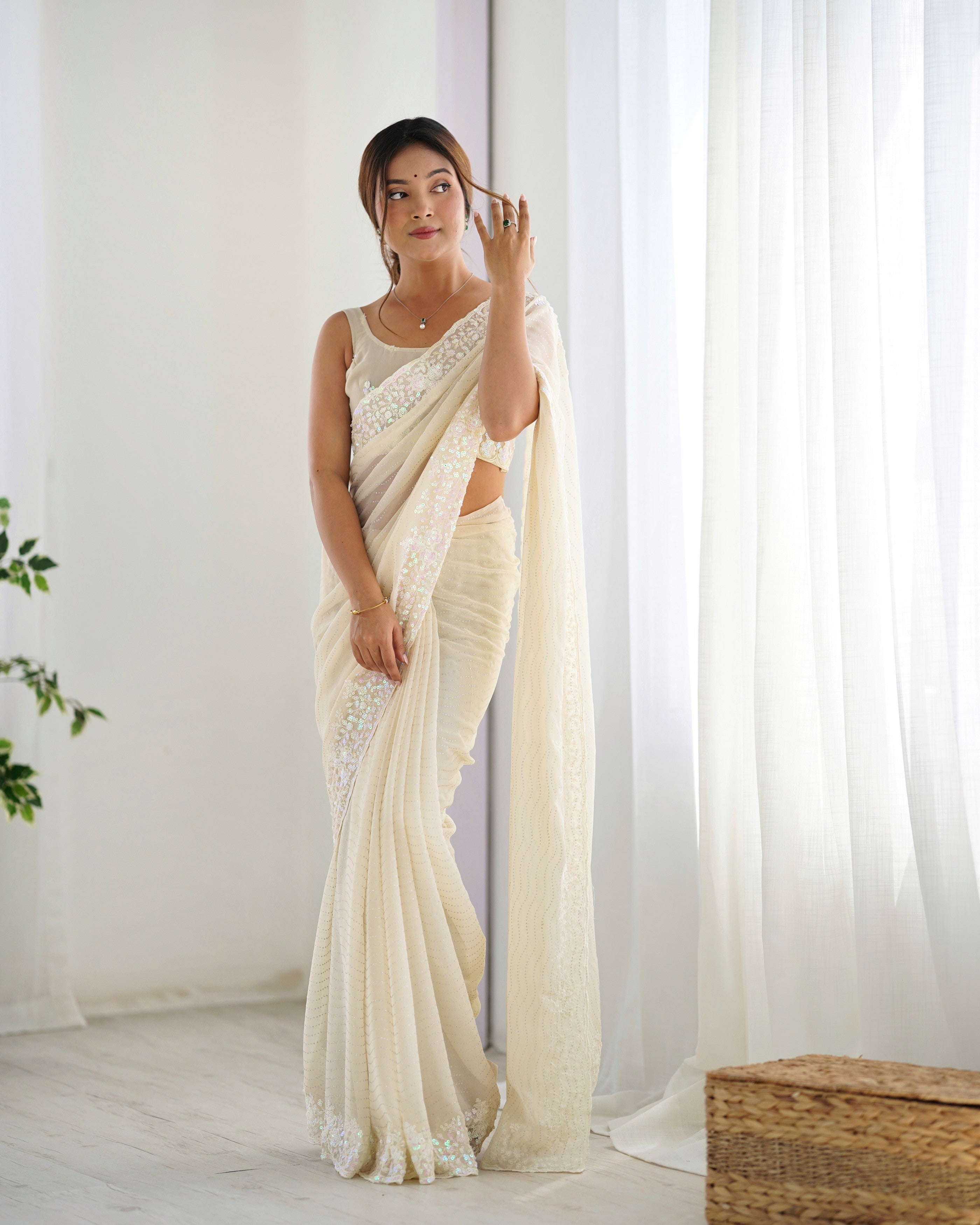 Cream Georgette Beautiful Partywear Embroidered Saree