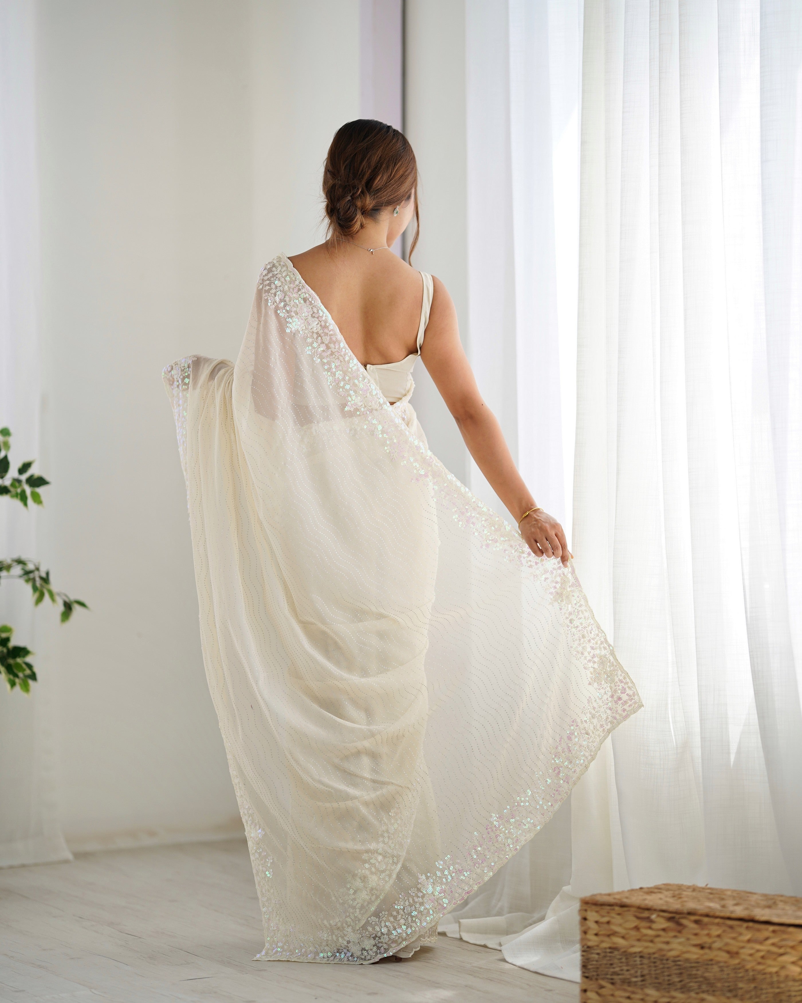 Cream Georgette Beautiful Partywear Embroidered Saree