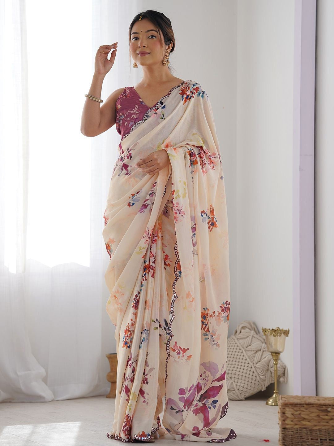 Cream Georgette Saree With Digital Print And Mirror Work