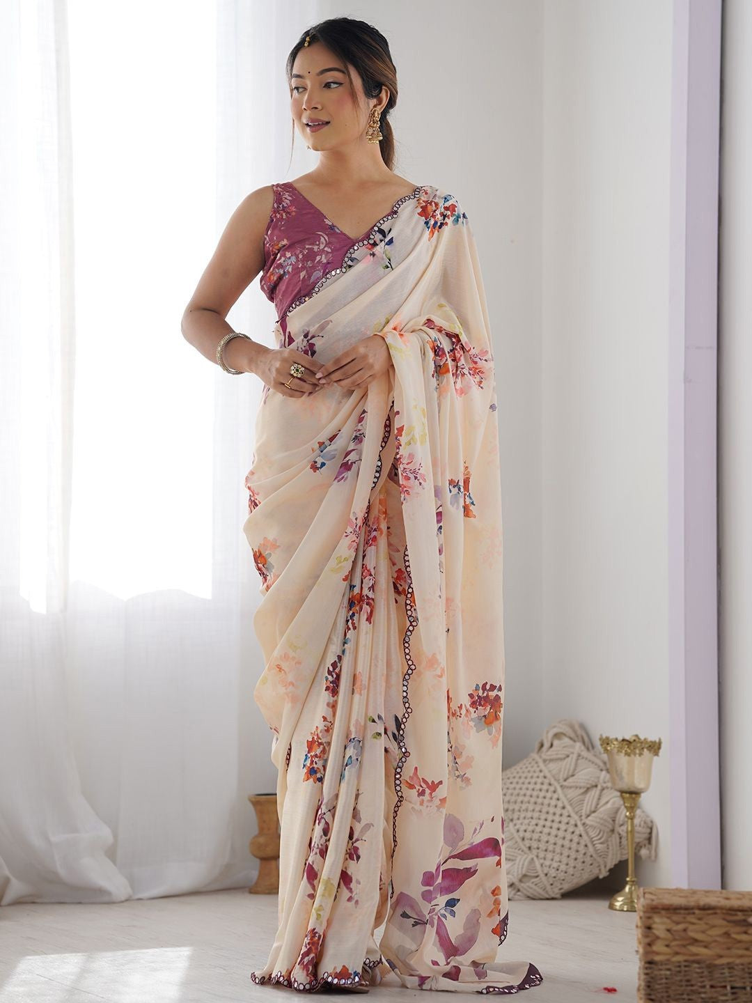 Cream Georgette Saree With Digital Print And Mirror Work