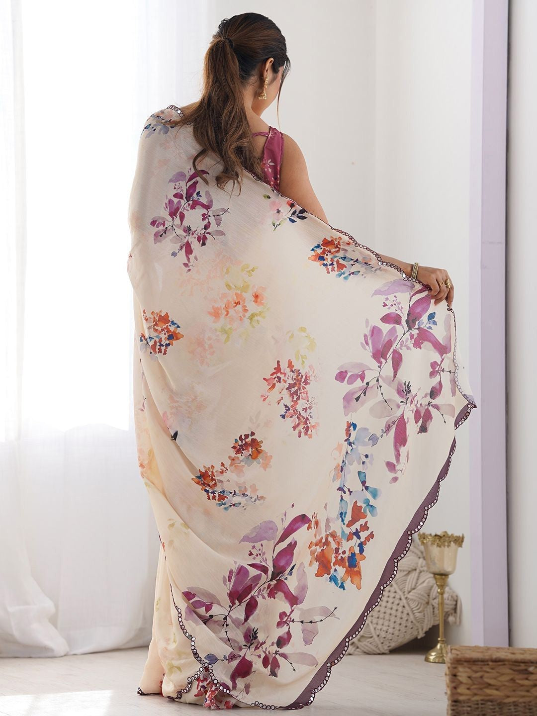 Cream Georgette Saree With Digital Print And Mirror Work