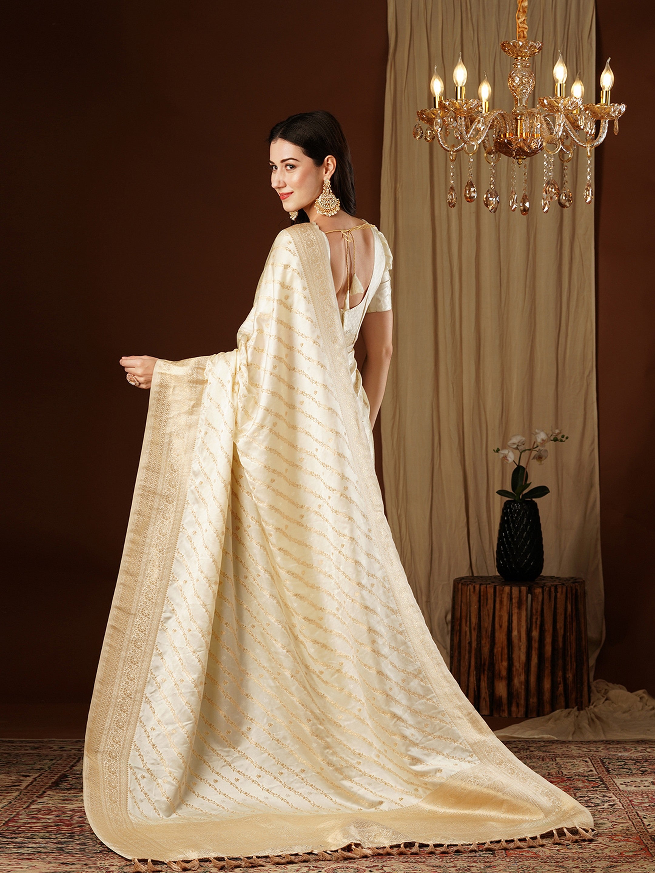 Cream Glamorous Jacquard Designer Satin Silk Saree