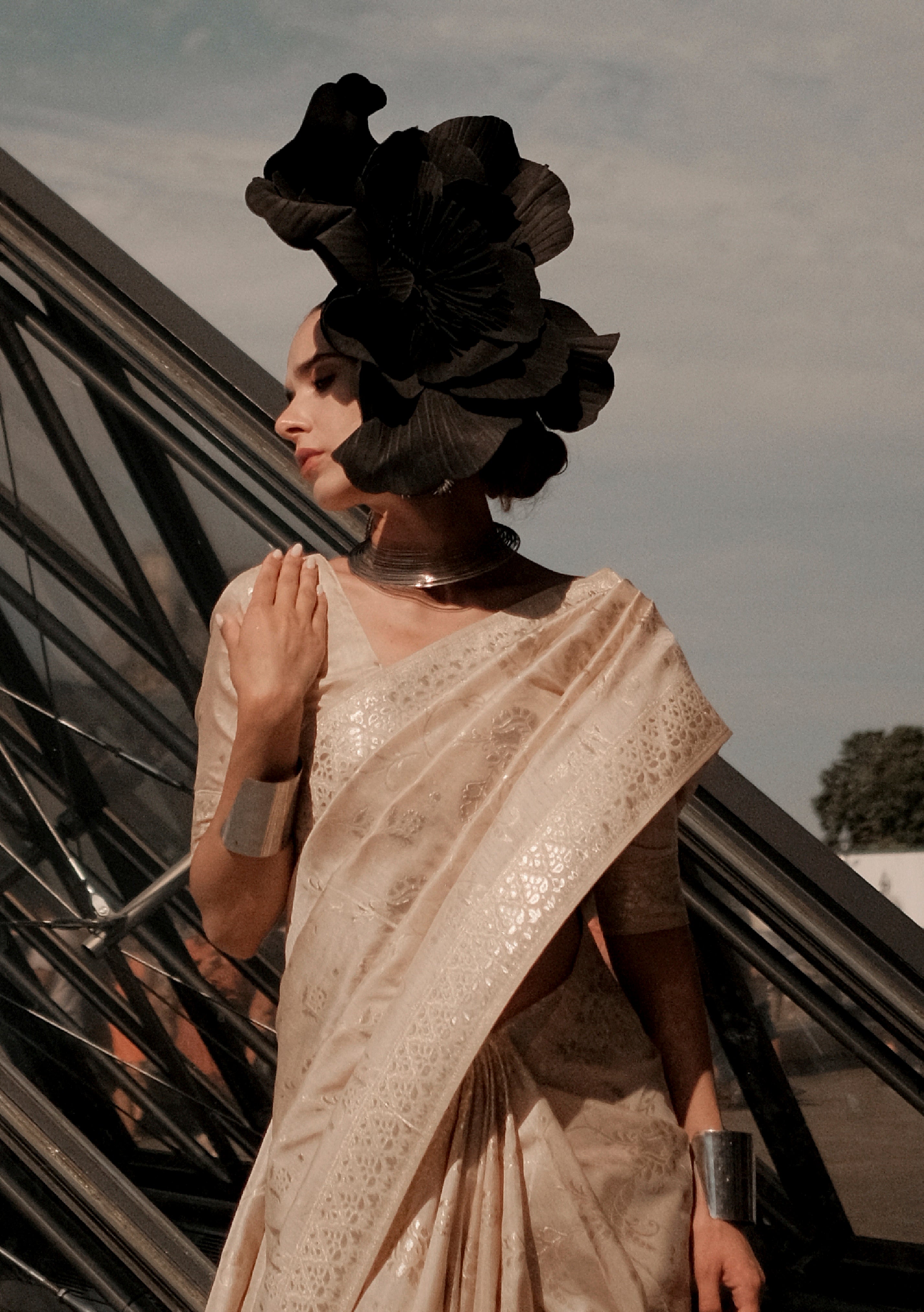 Cream Gota Zari Weaving Silk Saree With Woven Work