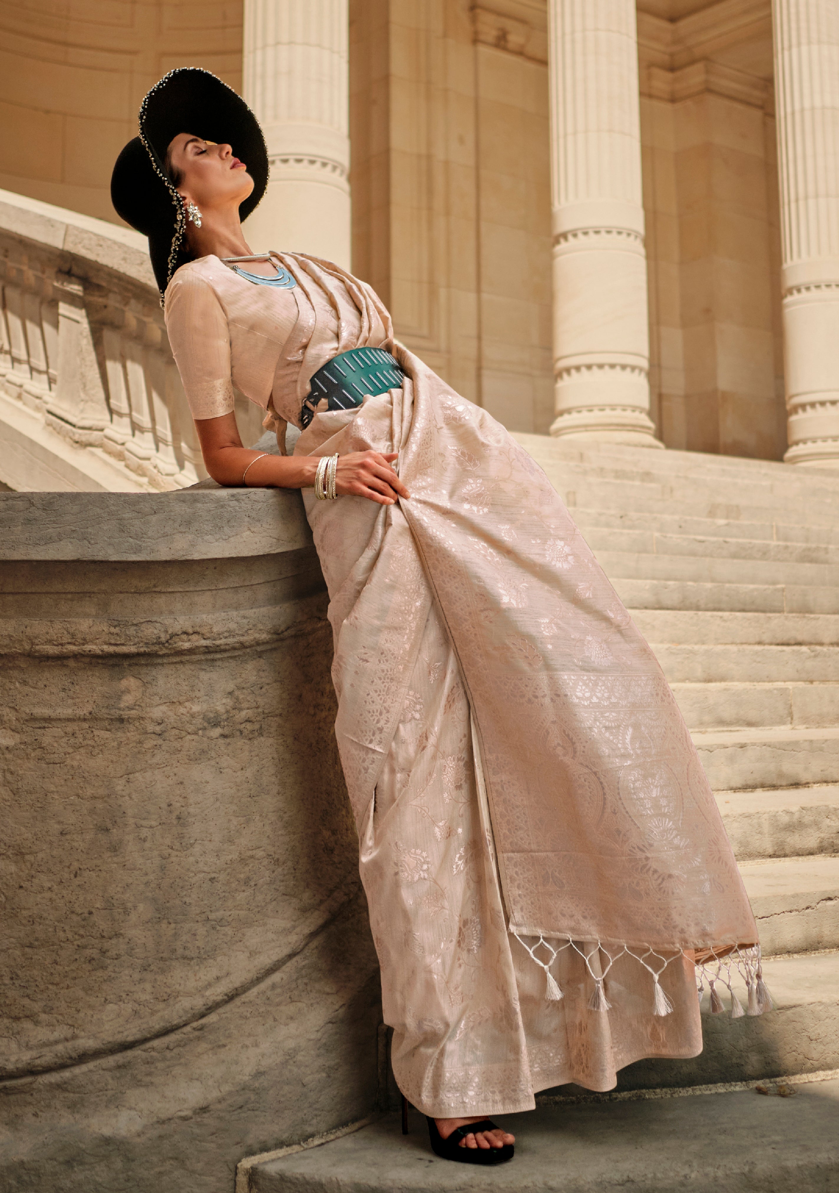 Cream Gota Zari Weaving Silk Saree With Woven Work