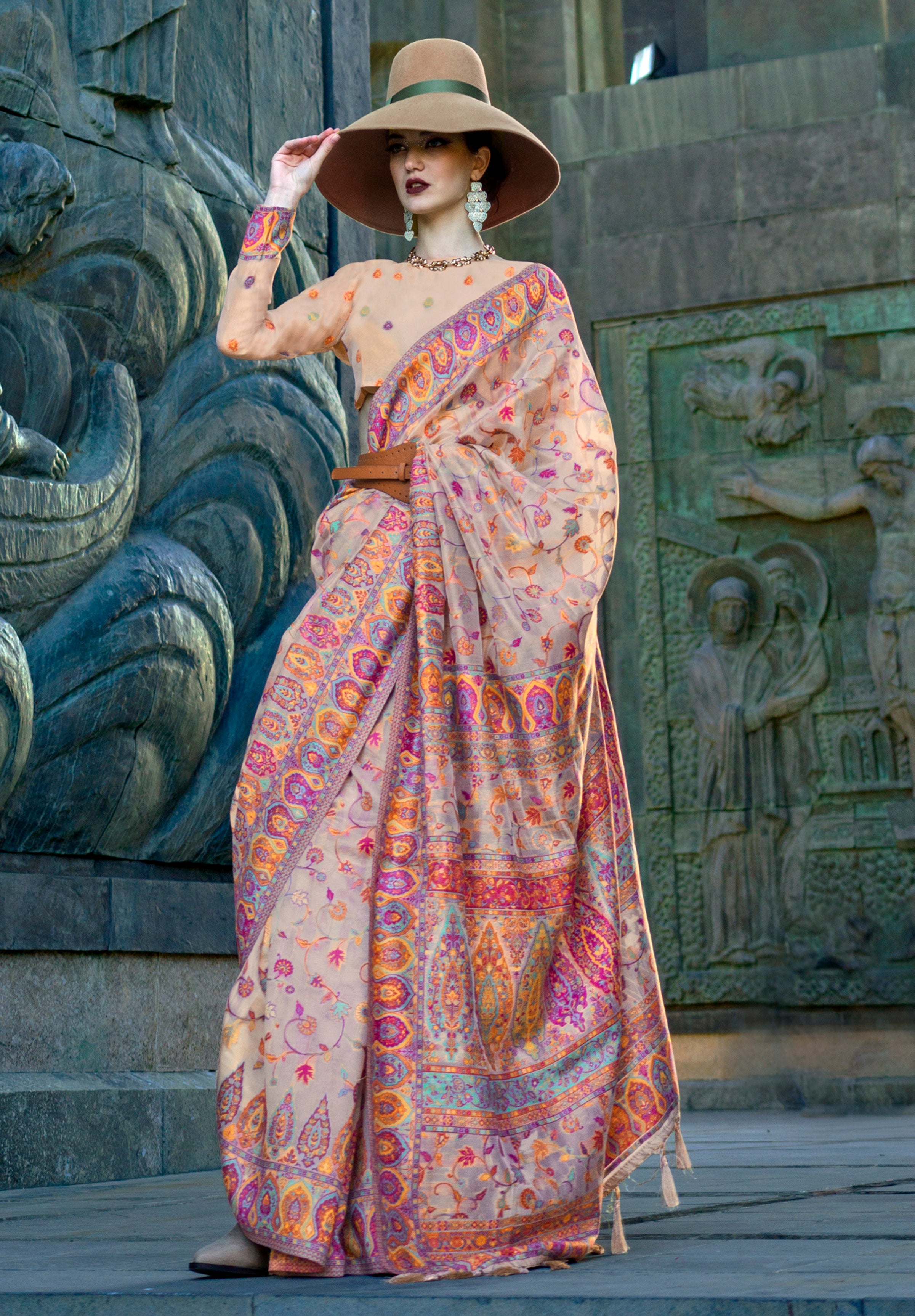 Cream Handloom Organza Saree With Handloom Kashmiri Jacquard Woven Work