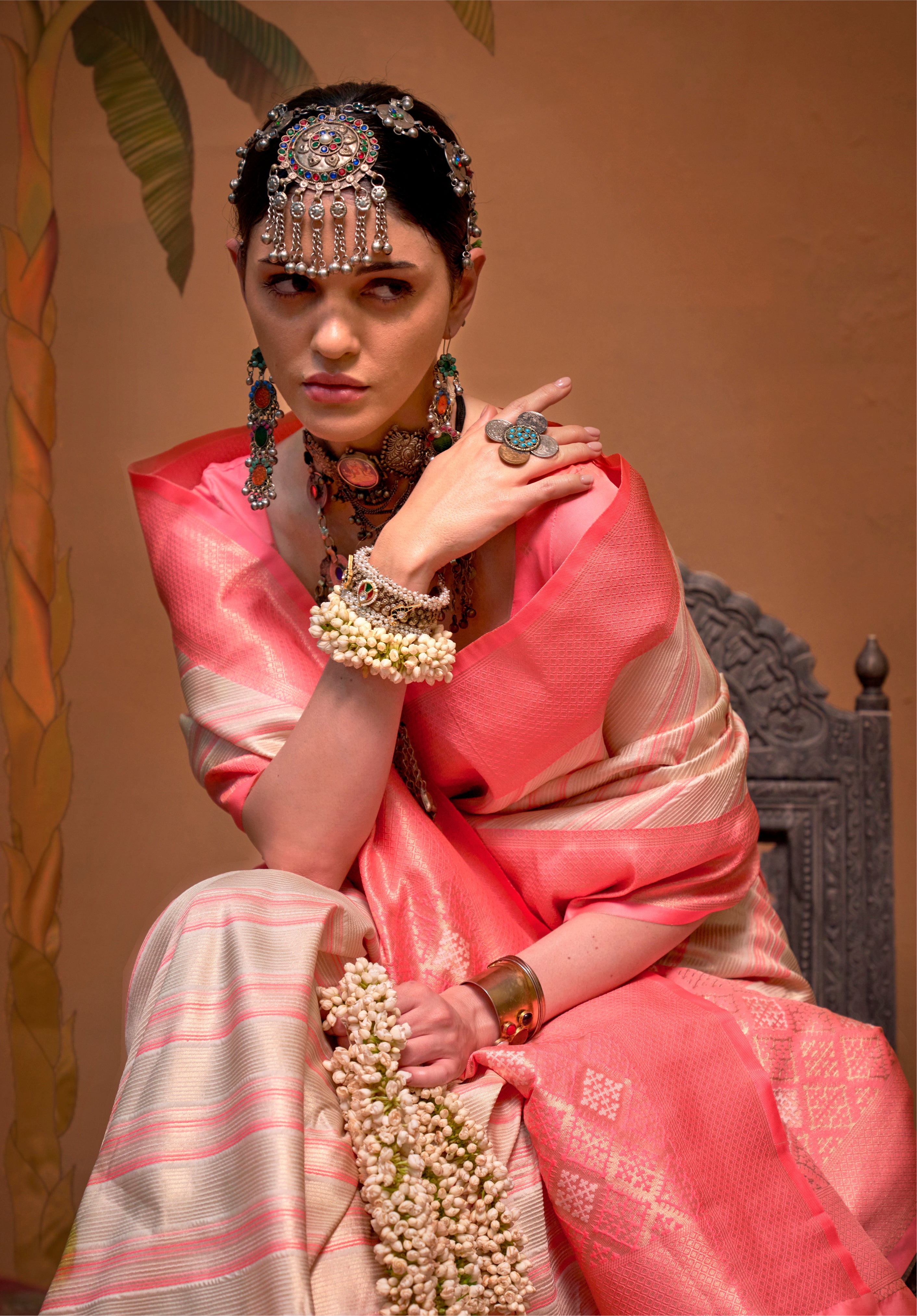 Cream Handloom Silk Saree With Jacquard Woven Work