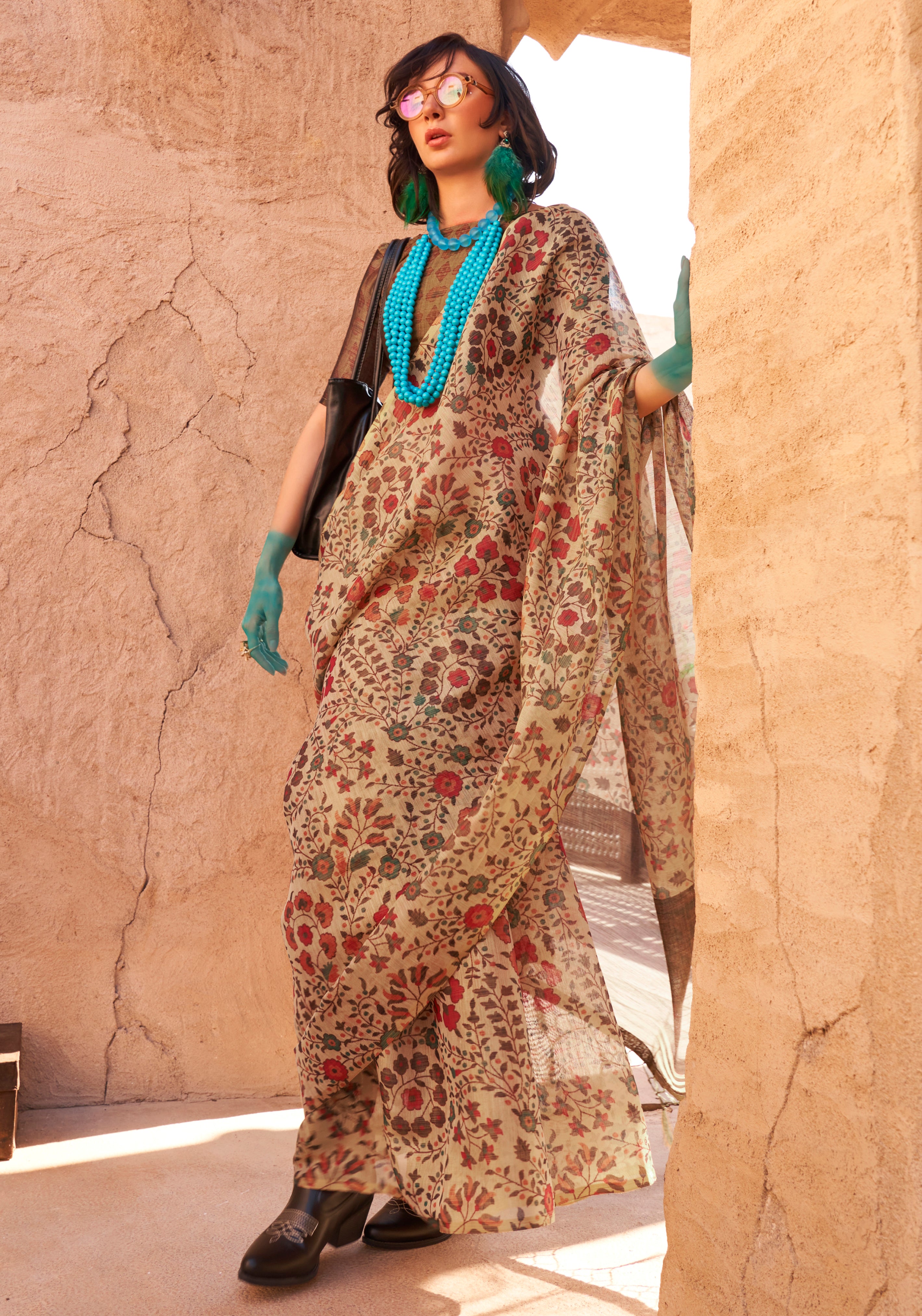 Cream Handloom Silk Saree With Printed